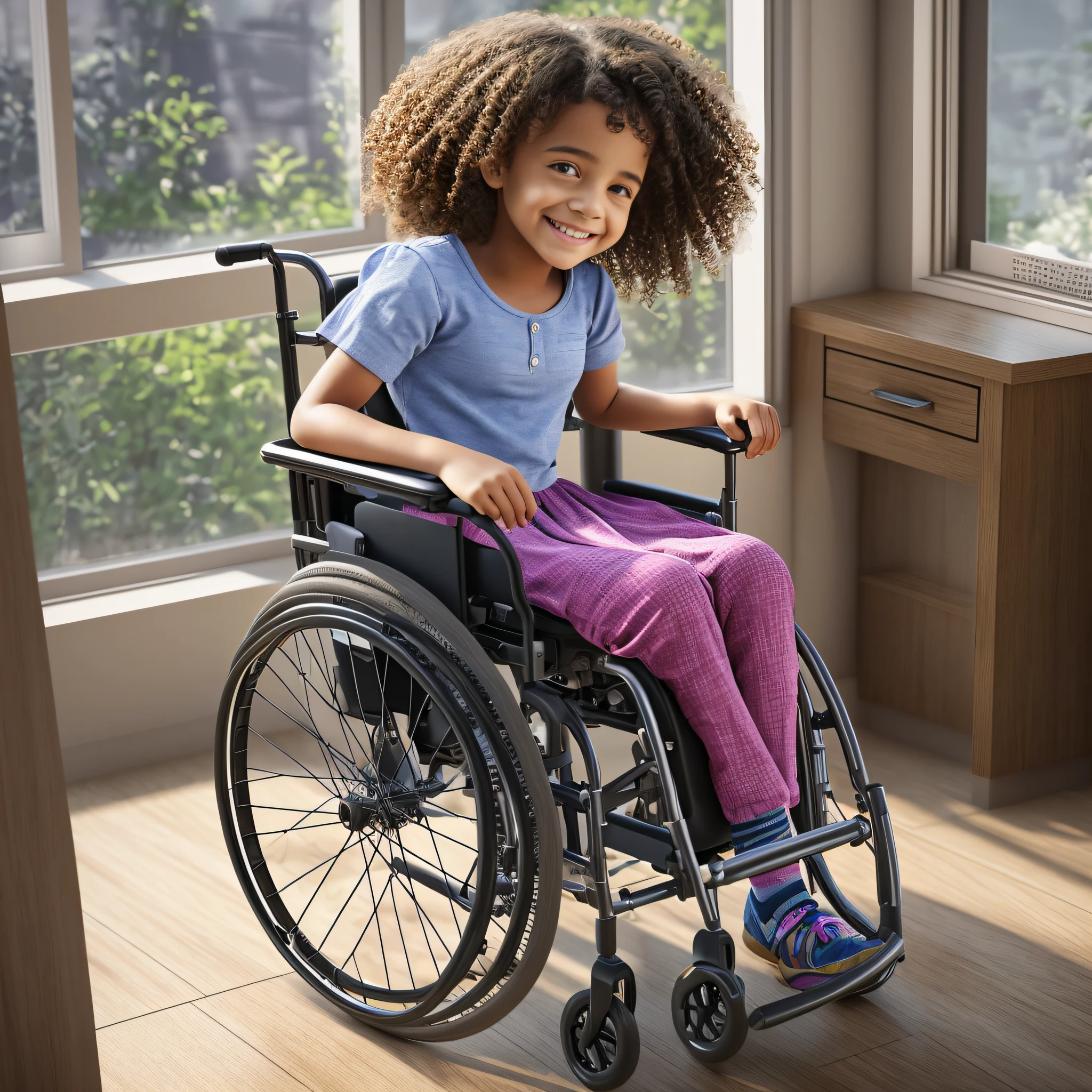 A young with curly hair, sitting in a wheelchair, looking out the window with a sense of happiness, smiling, ultra realistic, intricate, 4k details