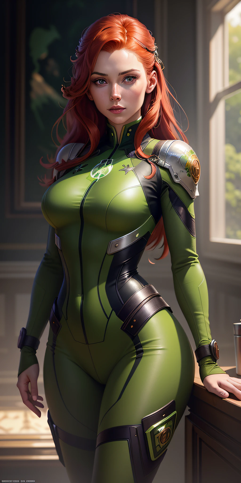 Ultra realistic illustration, dream girl with red hair, with light green eyes, , in a green military bodysuit, intricate, elegant, highly detailed, digital painting, artstation, concept art, soft focus, sharp, illustration, art by Artgerm and Greg Rutkowski and Alphonse Mucha