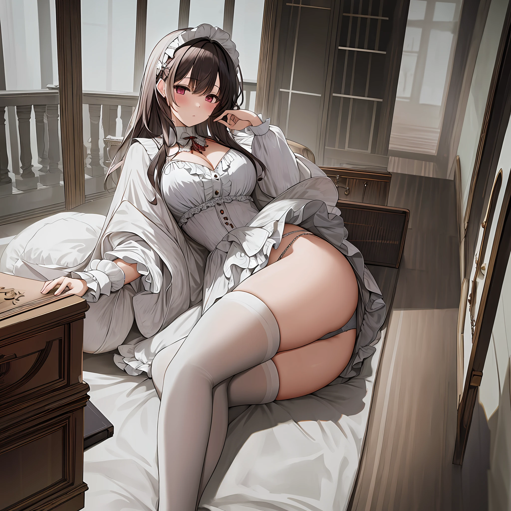 (Masterpiece,HDR:1.2),1 girl,Pretty face,Middle breast, Fluffy clothes, Thick panties, Coffin hat, cotton_panties, Look away