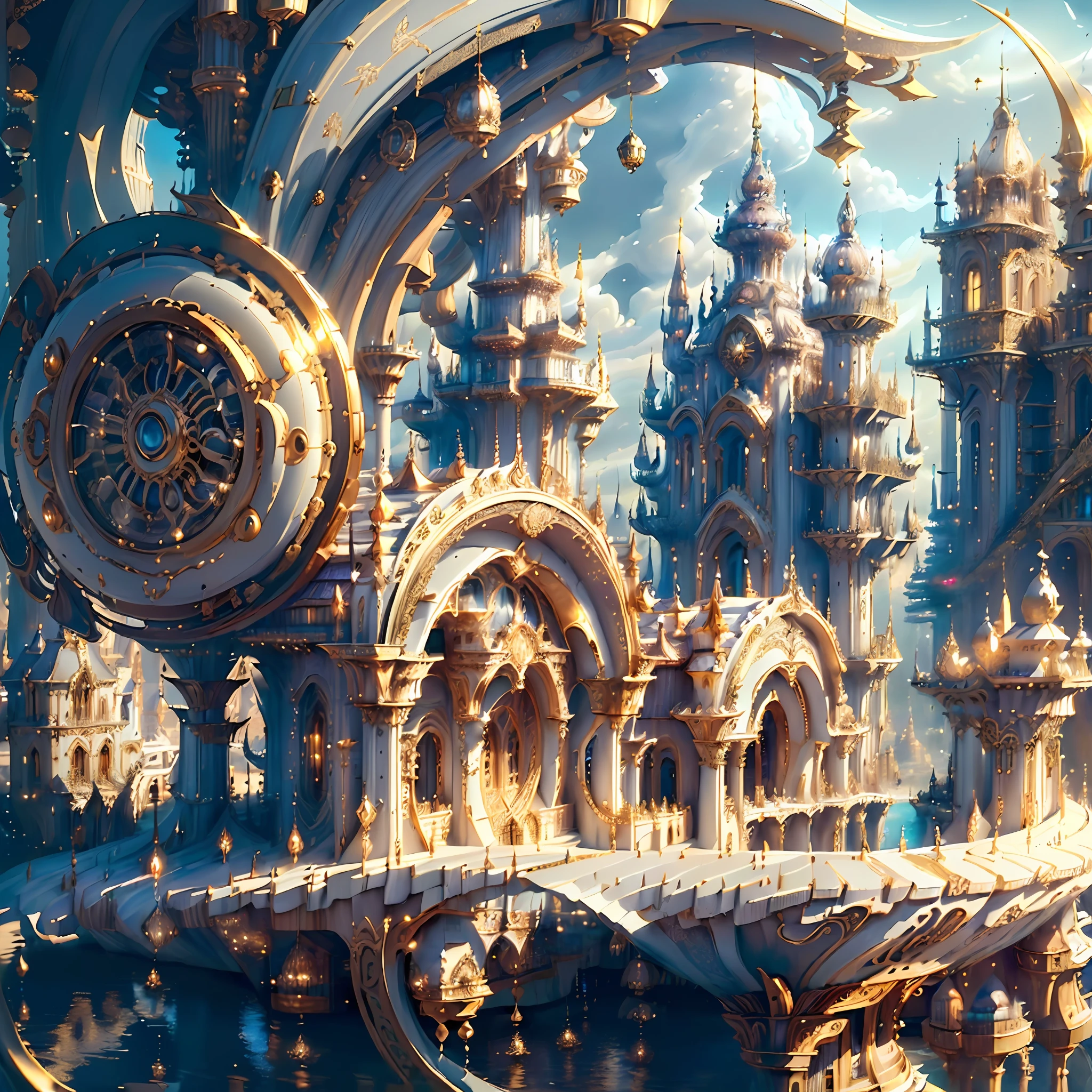 ((((Masterpiece)), Ivory Gold AI City at Night, Isometric, 3D rendering, Very high definition, High detail, There is a big clock on a plate in the water, gorgeous spaceship painting, 4K highly detailed digital art, gorgeous gilded space machine, golden steampunk city atmosphere, fantasy. gondola boat, shocking fantasy 3d rendering, futuristic persian palace, fantasy highly detailed, beautiful detailed fantasy, futuristic palace, detailed fantasy digital art, magic fantasy highly detailed