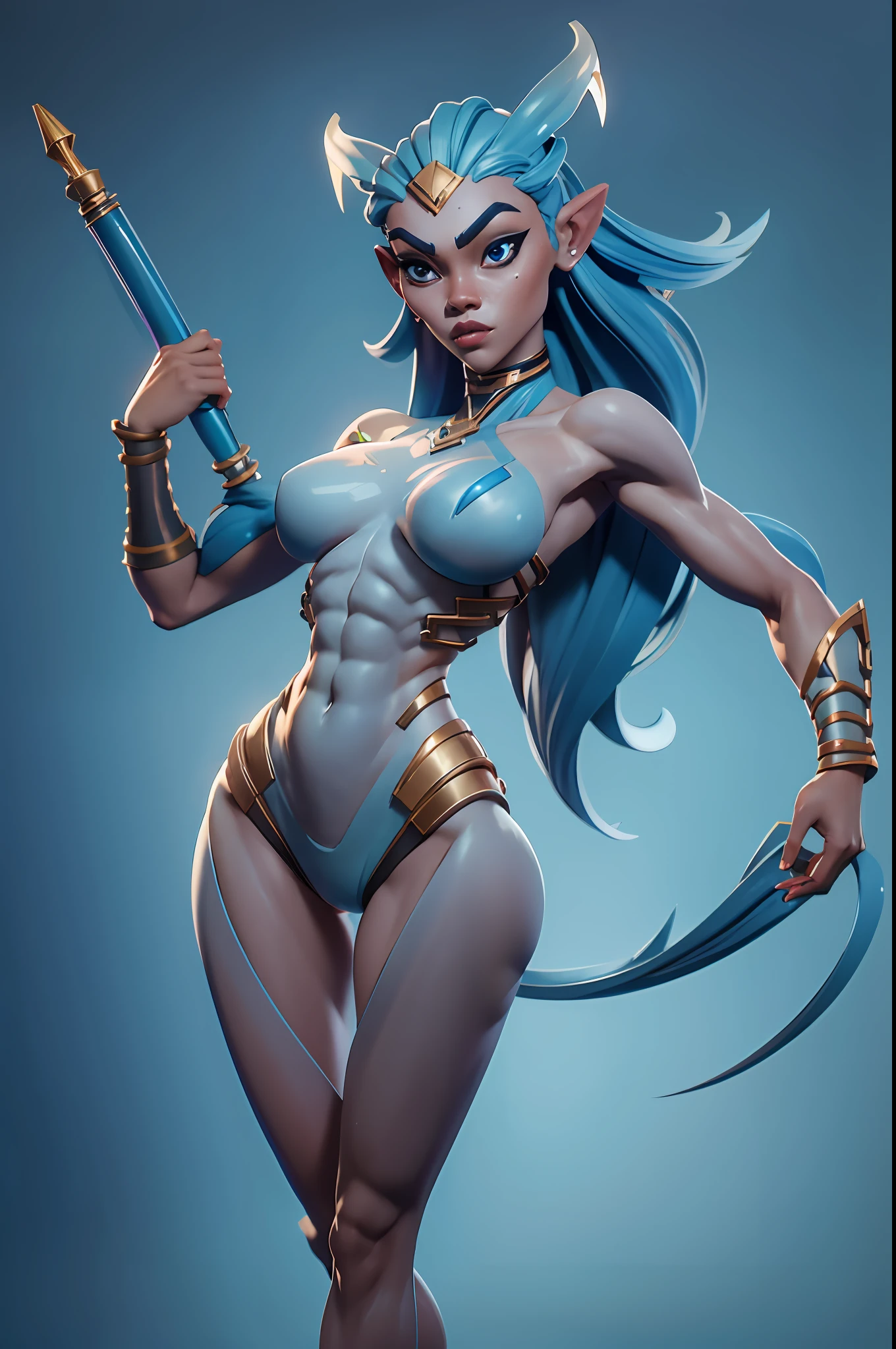 A photo of sexy beautiful female blue-skin alien, flexing warrior full body, close-up shot, looking to side,