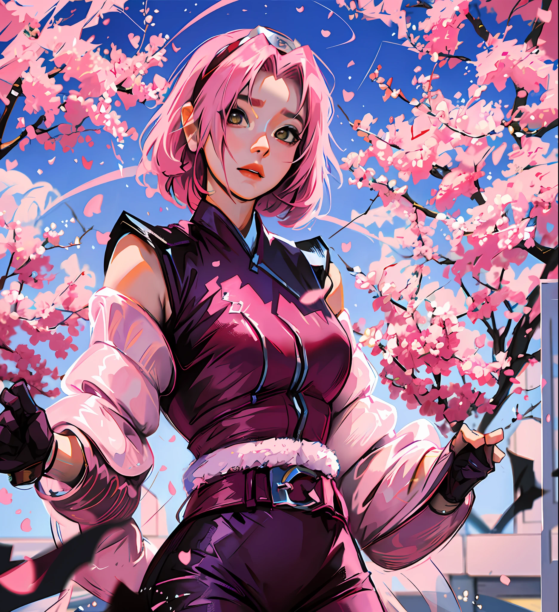 Sakura haruno, a spy, holding a gun, Sakura's hair is pink and short, there is nothing on her head, no adornment, whole body, her body is thin and graceful, her outfit is red, the image is charming and spectacular and there is depth in the scene, it is exciting, she is delicate,