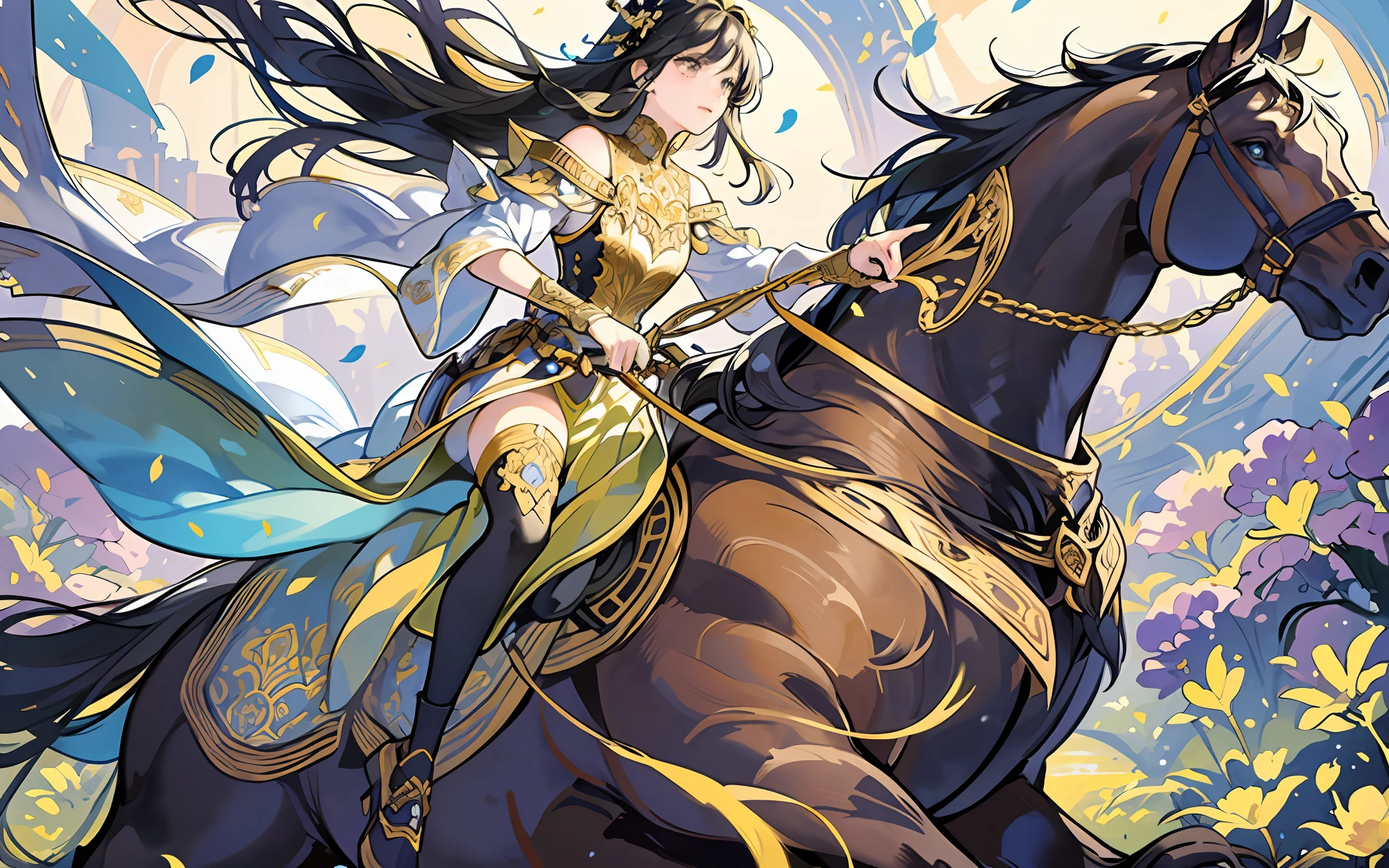 a princess in intricate flowing gilded vests, riding a beautiful horse, over a vast field of wild flowers, petals in the air, ink painting style, clean color, ink style, blending, decisive cutting, (white space:1.3), freehand, sublime shapes, highly detailed, epic composition, highest quality, antique