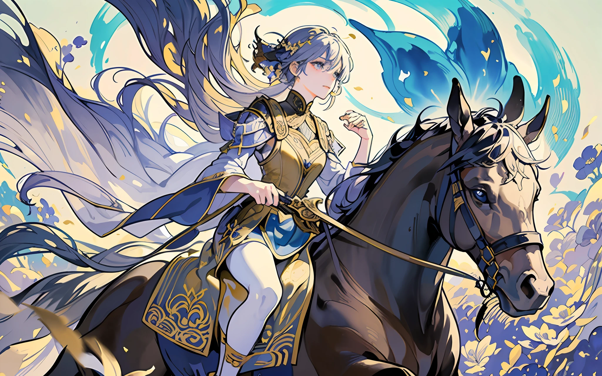 a princess in intricate flowing gilded vests, riding a beautiful horse, over a vast field of wild flowers, petals in the air, (ink painting style, clean color, ink style, blending, decisive cutting, white space:1.3), freehand, sublime shapes, highly detailed, epic composition, highest quality, antique
