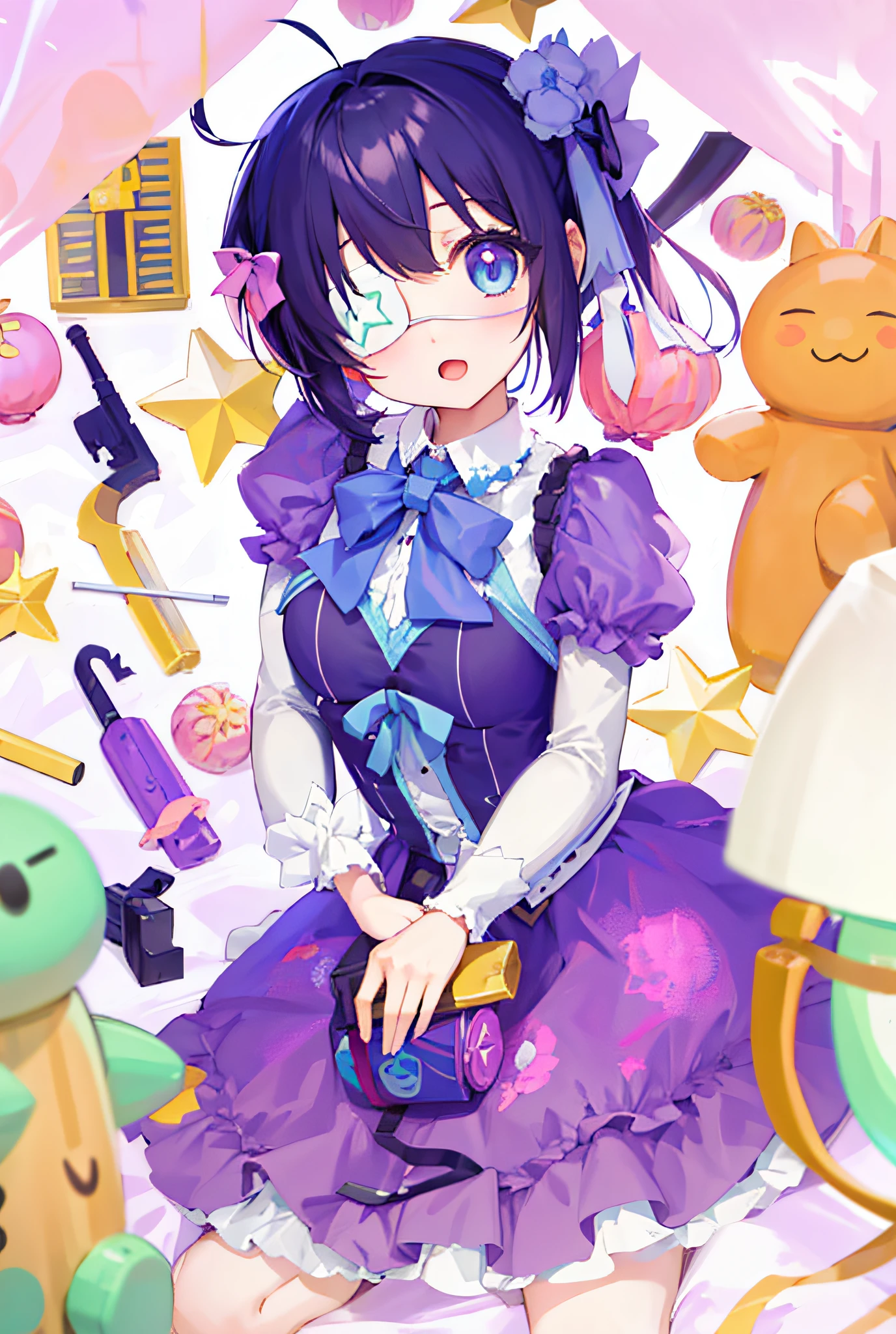 high res, masterpiece,Rikka Takanashi, black hair, solo, 1girl,outside,deatailed background, detailed eyes, ((blue eyes)), eyepatch