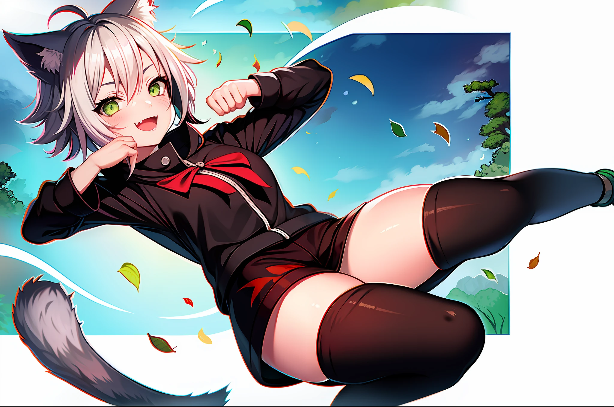 SFW, ultra 4k hd, absurdres, anime, naruto, white hair, neko, green eyes, ninja, short hair, chubby, medium breasts, messy hair, gray hair, cat ears, catgirl, nekomimi, cat tail, forehead protector, kunoichi, hair between eyes, silver hair, anime style, fullbody, eye scar, smiling, fangs, 1girl, naruto shippuden, solo, baggy clothes, alone, forest, village, akatsuki, leaf village, konoha, 1fang