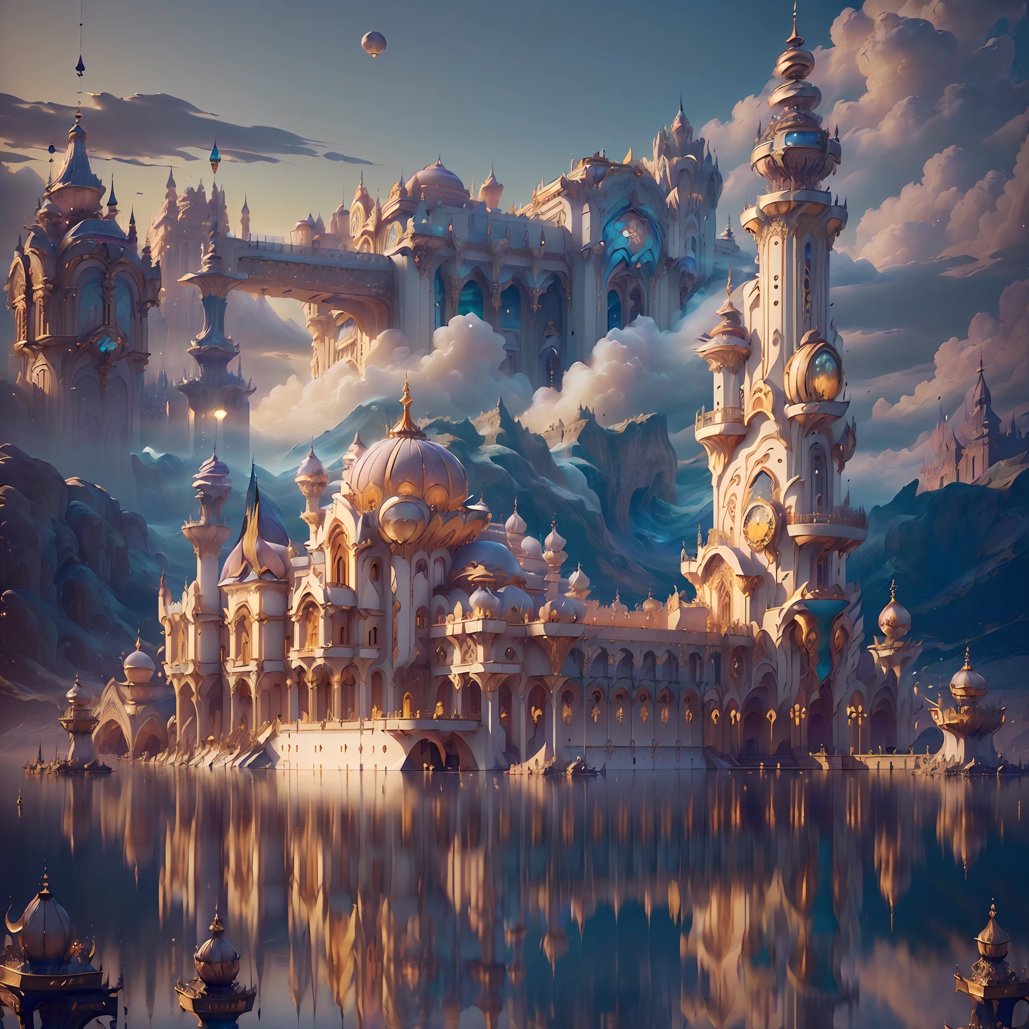 ((((Masterpiece)), Ivory Gold AI City at Night, Isometric, 3D rendering, Very high definition, High detail, There is a big clock on a plate in the water, gorgeous spaceship painting, 4K highly detailed digital art, gorgeous gilded space machine, golden steampunk city atmosphere, fantasy. gondola boat, shocking fantasy 3d rendering, futuristic persian palace, fantasy highly detailed, beautiful detailed fantasy, futuristic palace, detailed fantasy digital art, magic fantasy highly detailed, there is a big clock on the side of the building, shocking fantasy 3 d rendering, fairy tale beautiful rendering, fantasy style 8k octane rendering, futuristic palace, (octane rendering) fantasy style, futuristic persian palace, 4K highly detailed digital art, fantasy 3 d rendering, art nouveau octane rendering , floating palaces, intricately gorgeous anime CGI style