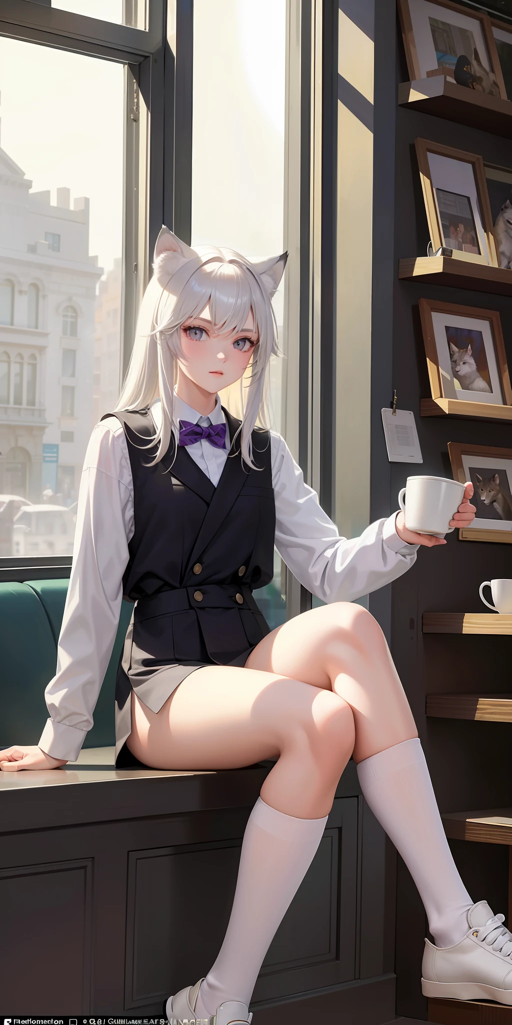 (masterpiece: 1.6, best quality), white and gray wolf, in human form, in a high-school uniform, sitting on a chair in a shop with a large window facing the street, drinking coffee, detailed cat, this Alone in the store but cars are seen outside, male cat, wolf ears, purple eyes