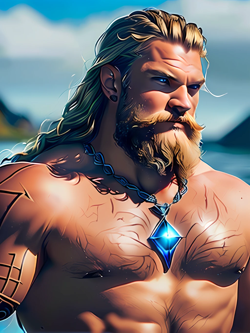 A close up photo of the God Poseidon with a chain around his neck (glowing blue chain:1.2) (in hand:1.2), fantasy art, avatar image, profile picture 1024px, viking and templar aesthetics, adorned with precious stones, cg artist, ultra detailed portrait, struggling to remain relevant in age-old battles, screaming, (hairy man:1.2), realistic motion action photo, (((hdr))), hyperdetailed, cinematic, cool lights, intricate details, muscle, perspective view, UHD, 64k, unreal.