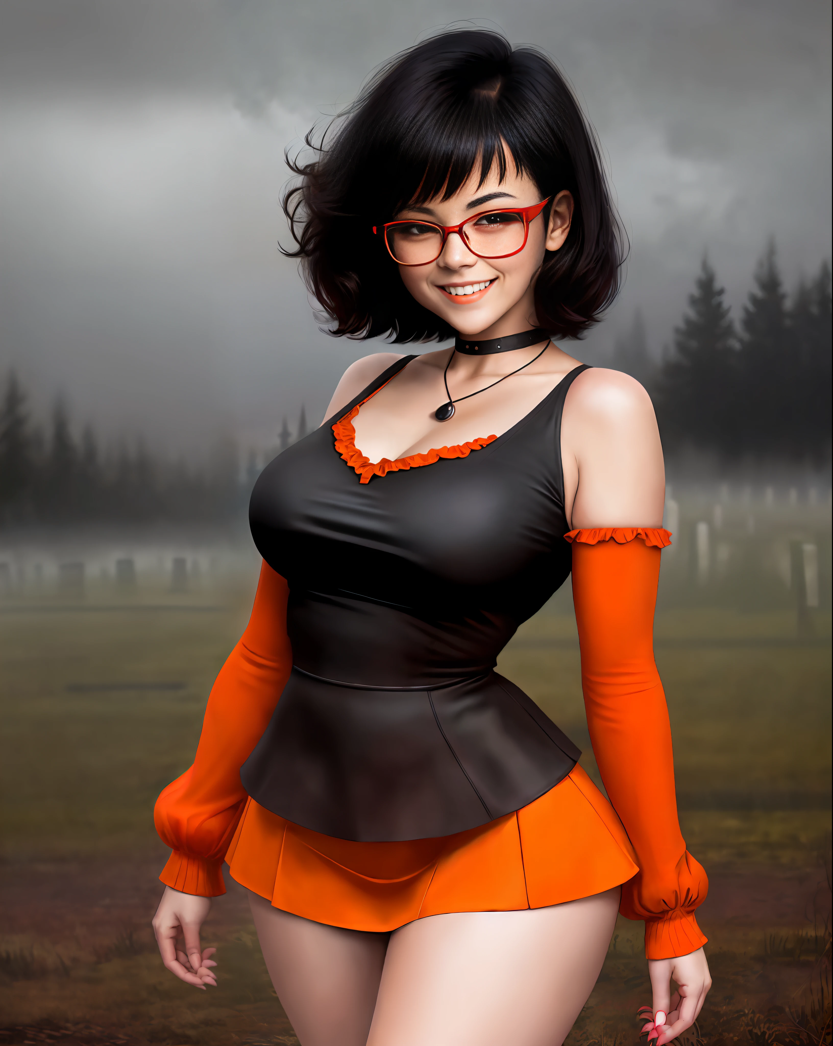Perverted face girl, Velma from Scooby Doo anime, (((BIG SMILE)))), western facial features, short black hair, short orange open orange blouse (crepe), very sensual, very sensual red high school mini skirt, posing for photo, large breasts, submissive look, perverted smile, glasses, short black glove, cemetery, fog, dark, 3 am, cloudy night, horror weather, dawn, crosses, suspense, (masterpiece, blurred background, natural lighting, depth of field, ultra detailed and realistic photography, 100mm lens), portrait style
