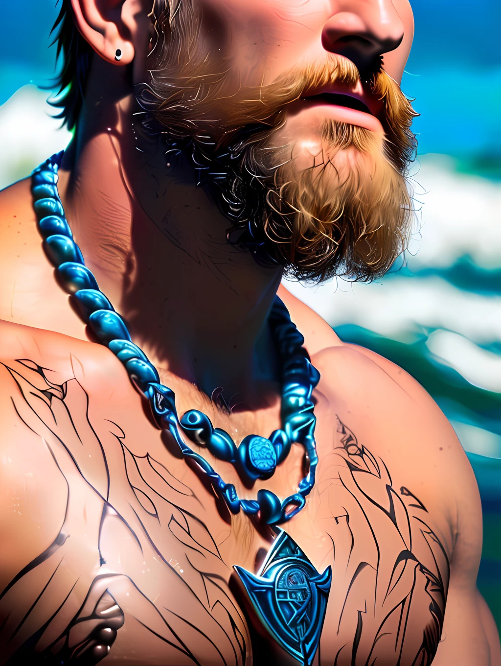 A close up photo of the God Poseidon with a chain around his neck (glowing blue chain:1.2) (in hand:1.2), fantasy art, avatar image, profile picture 1024px, viking and templar aesthetics, adorned with precious stones, cg artist, ultra detailed portrait, struggling to remain relevant in age-old battles, screaming, (hairy man:1.2), realistic motion action photo, (((hdr))), hyperdetailed, cinematic, cool lights, intricate details, muscle, perspective view, UHD, 64k, unreal.