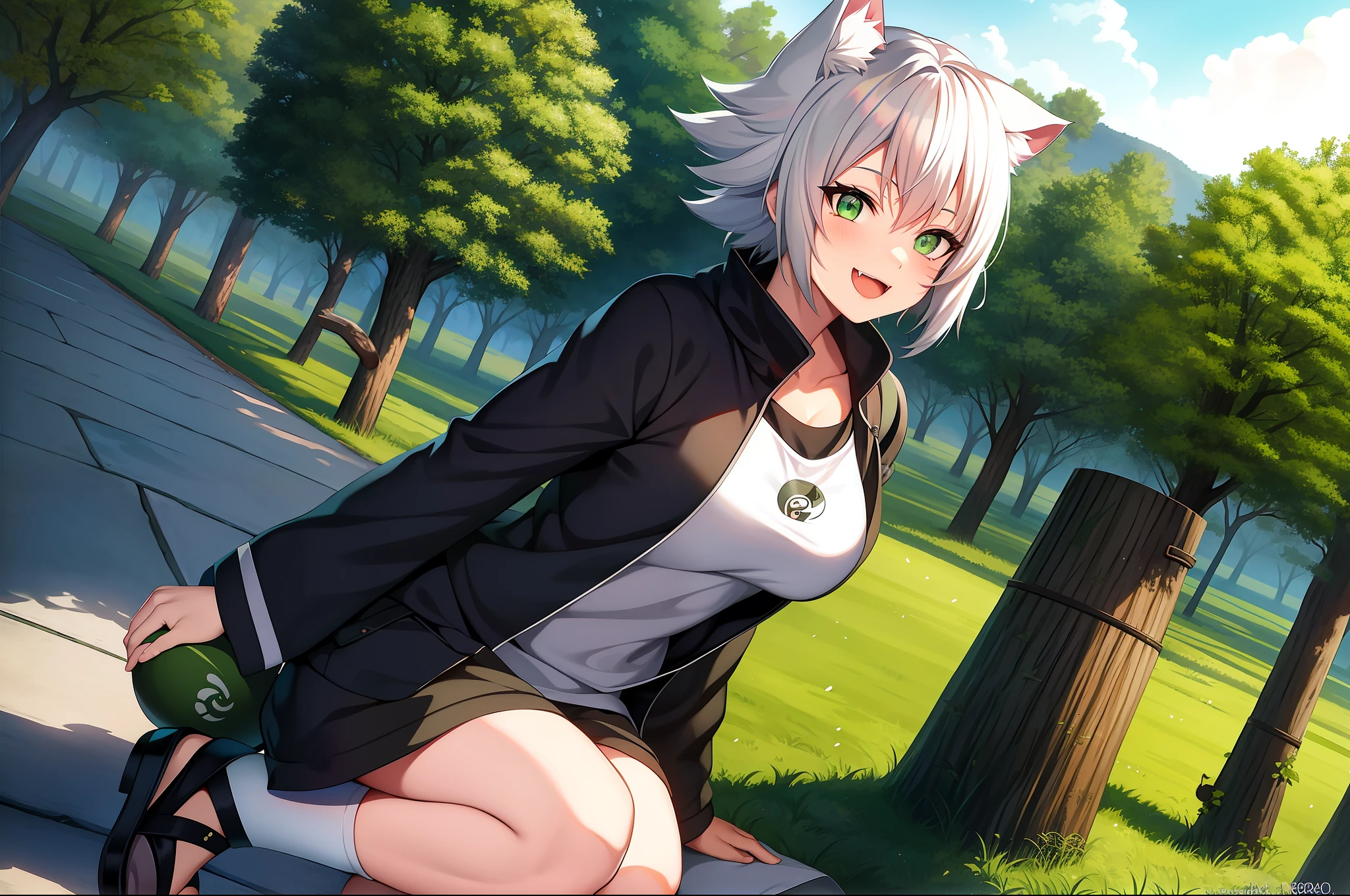 SFW, ultra 4k hd, absurdres, anime, naruto, white hair, neko, green eyes, ninja, short hair, chubby, medium breasts, messy hair, gray hair, cat ears, catgirl, nekomimi, cat tail, forehead protector, kunoichi, hair between eyes, silver hair, anime style, fullbody, eye scar, smiling, fangs, 1girl, naruto shippuden, solo, baggy clothes, alone, forest, village, akatsuki, leaf village, konoha, 1fang