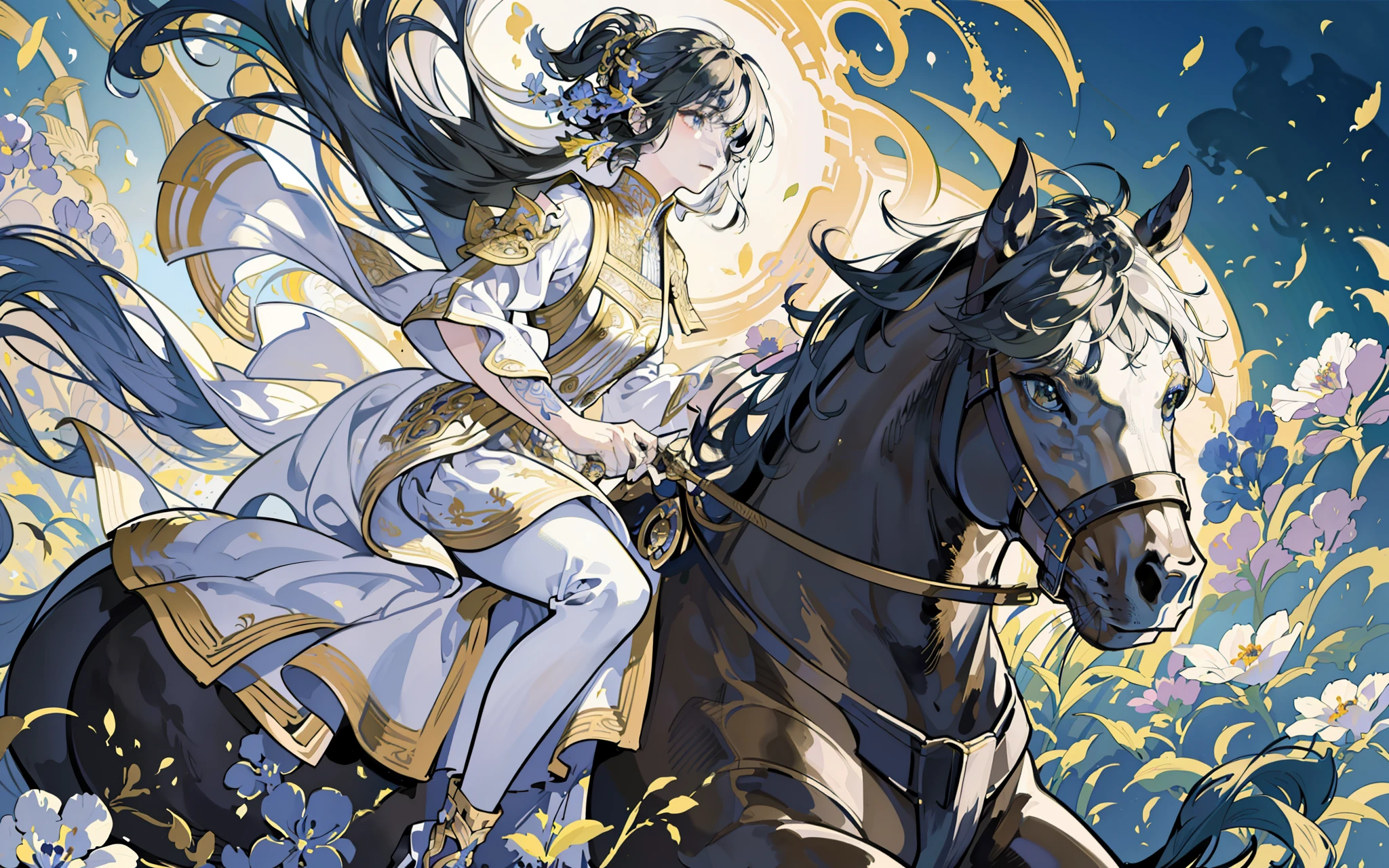 a princess in intricate flowing gilded vests, riding a beautiful horse, over a vast field of wild flowers, petals in the air, (ink painting style, clean color, ink style, blending, decisive cutting, white space:1.3), freehand, sublime shapes, highly detailed, epic composition, highest quality, antique