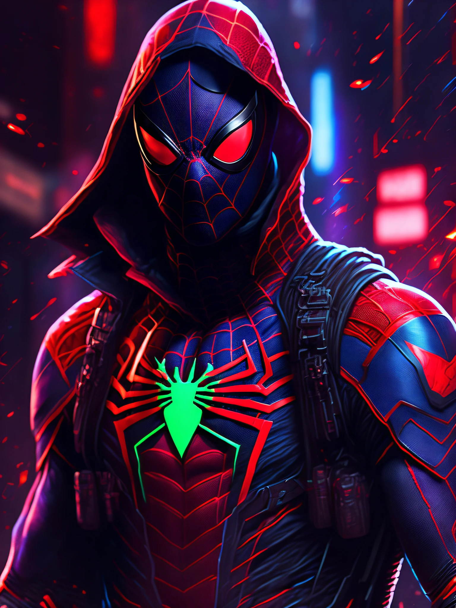 Spider-Man, miles morales, (wearing the mask of Spider-Man), (((full body))), Cyberpunk, 8k