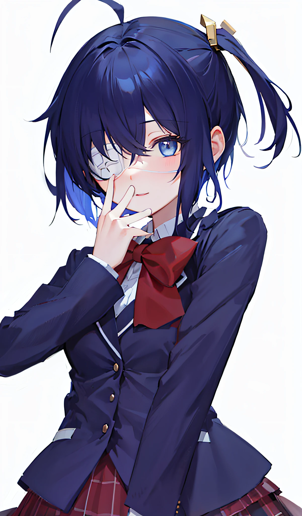 high res, masterpiece,Rikka Takanashi, black hair, solo, 1girl,outside,deatailed background, detailed eyes, ((blue eyes)), eyepatch