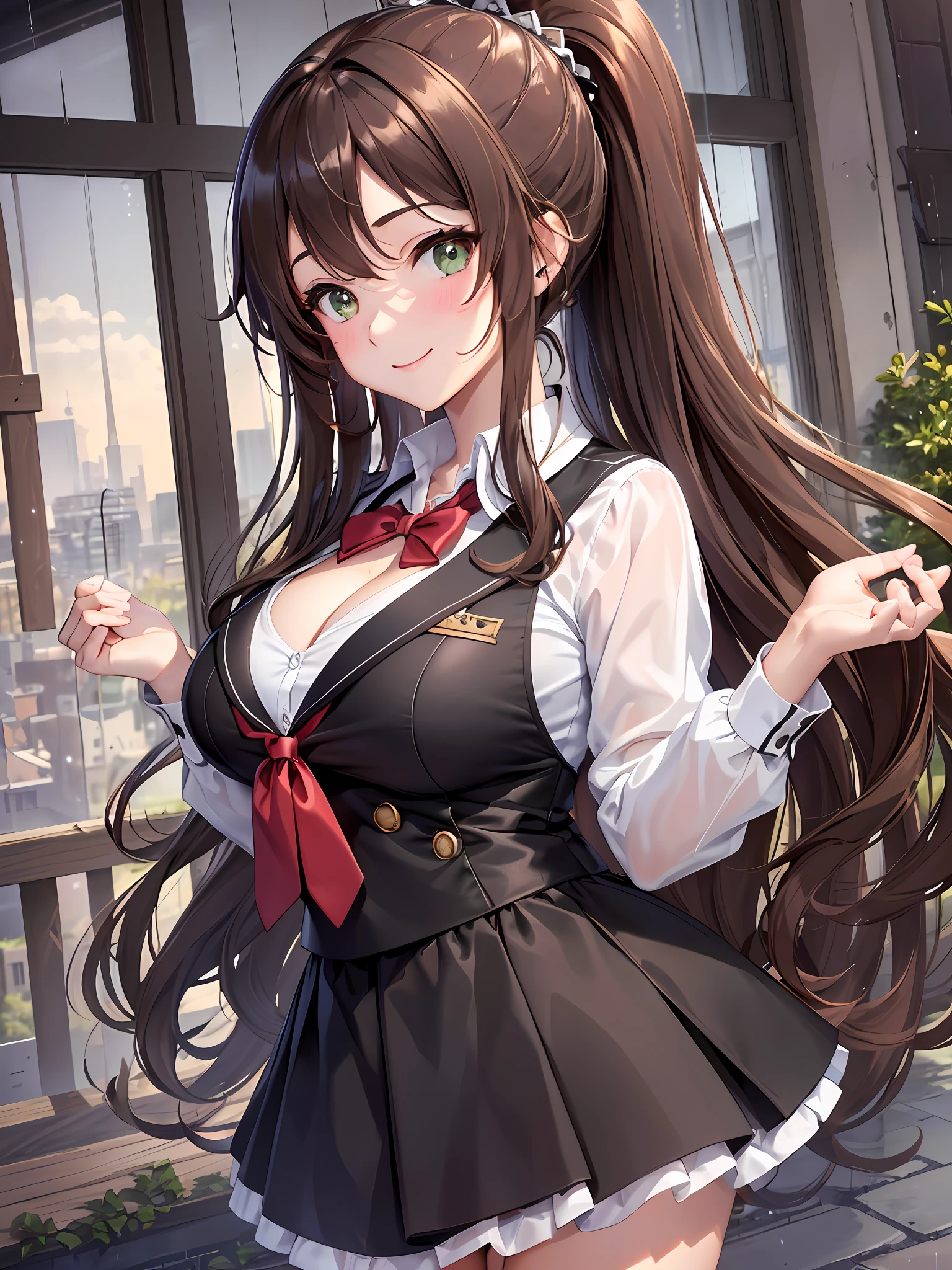 Masterpiece, Best Quality, Official Art, (Highly Detailed CG Unity 8k wallpaper), Detailed background, (Hands by Guido Daniele: 1.1), Feet out of frame, First Person View, 1, Attractive and Perfect Beautiful Woman, Schoolgirl, JK, Schoolgirl Uniform, Rainy Day, Lots of Rain, Windy, (Curvaceous), ( White Thighs: 1.12), (Brown Long Hair: 1.12), (Ahoge (1.13), (high ponytail: 1.12), (green eyes: 1.13), big, (cleavage), beautiful face, (blush: 1.11), (smile: 1.11)