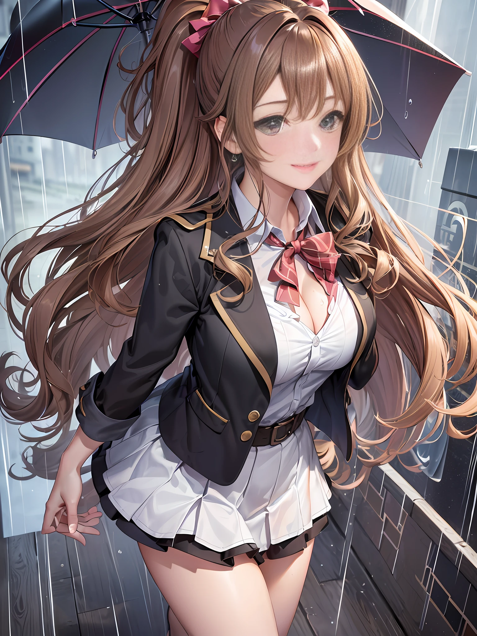 Masterpiece, Best Quality, Official Art, (Highly Detailed CG Unity 8k wallpaper), Detailed background, (Hands by Guido Daniele: 1.1), Feet out of frame, First Person View, 1, Attractive and Perfect Beautiful Woman, Schoolgirl, JK, Schoolgirl Uniform, Rainy Day, Lots of Rain, Windy, (Curvaceous), ( White Thighs: 1.12), (Brown Long Hair: 1.12), (Ahoge (1.13), (high ponytail: 1.12), (green eyes: 1.13), big, (cleavage), beautiful face, (blush: 1.11), (smile: 1.11)