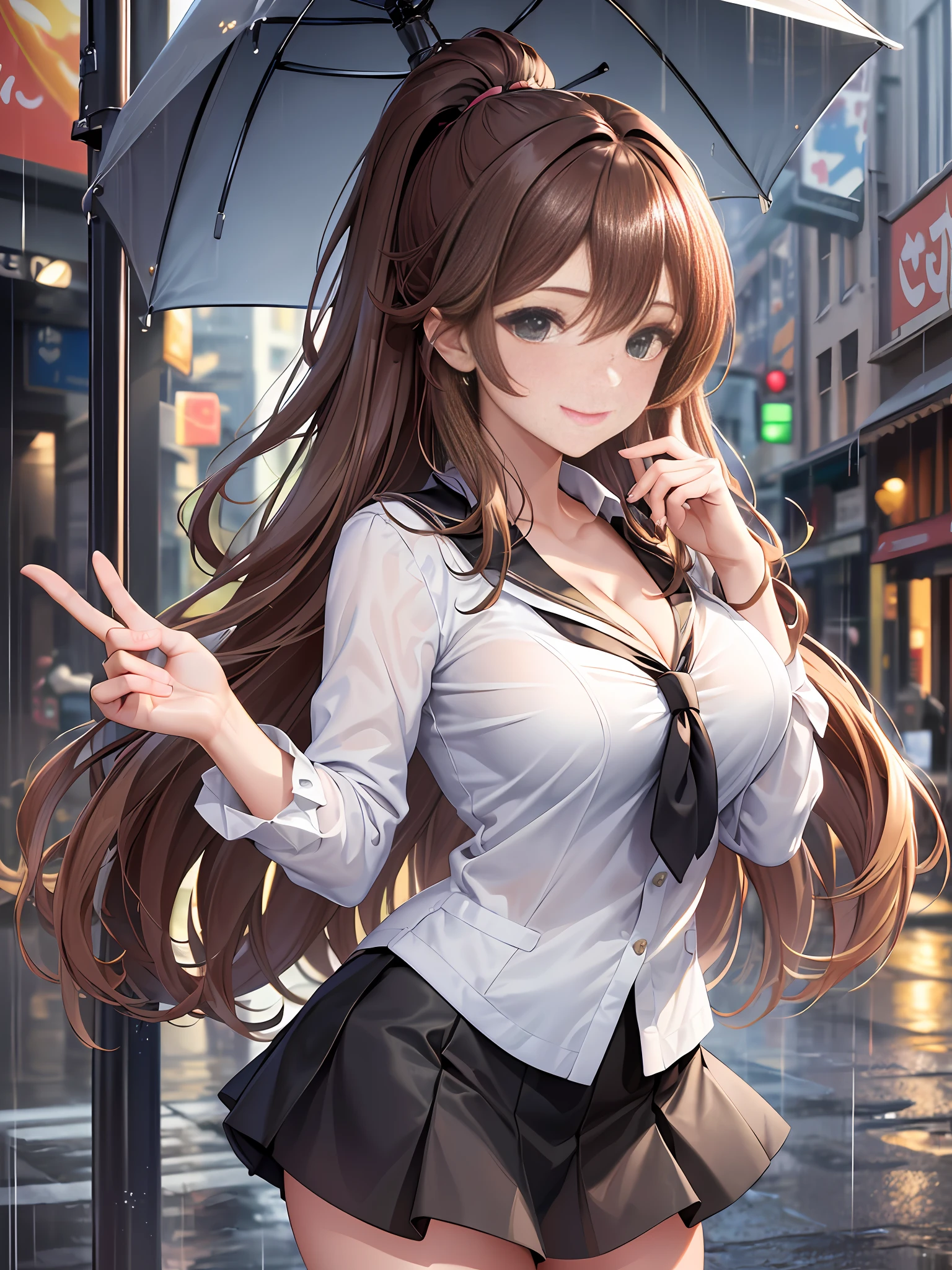 Masterpiece, Best Quality, Official Art, (Highly Detailed CG Unity 8k wallpaper), Detailed background, (Hands by Guido Daniele: 1.1), Feet out of frame, First Person View, 1, Attractive and Perfect Beautiful Woman, Schoolgirl, JK, Schoolgirl Uniform, Rainy Day, Lots of Rain, Windy, (Curvaceous), ( White Thighs: 1.12), (Brown Long Hair: 1.12), (Ahoge (1.13), (high ponytail: 1.12), (green eyes: 1.13), big, (cleavage), beautiful face, (blush: 1.11), (smile: 1.11)