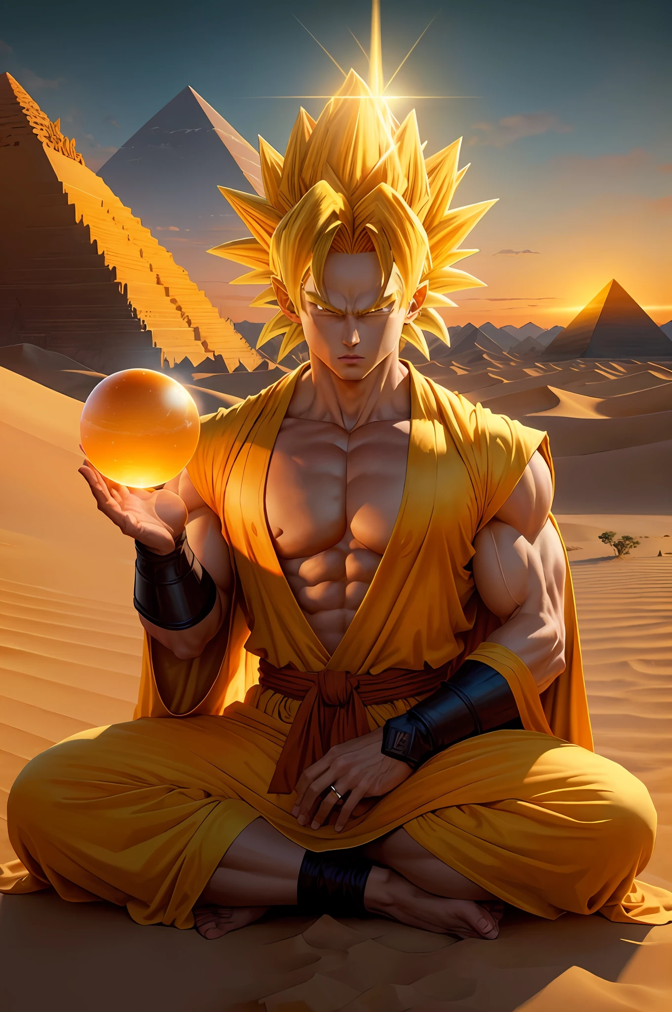 ((Best quality)), ((masterpiece)), ((realistic)), ((super saiyan)) with orange aura, in a desert landscape, with sand dunes and pyramids in the background, wearing a yellow and orange robe, holding a crystal ball, and a mystical expression on face. On eye level, scenic, masterpiece.