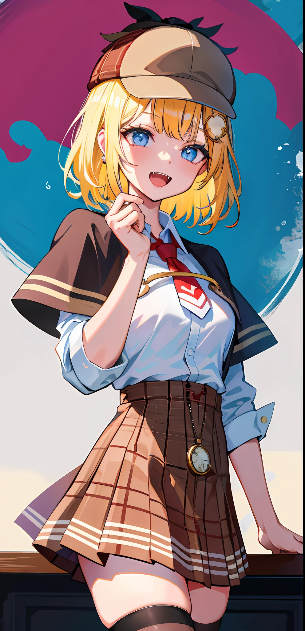 masterpiece, high quality, highres, absurdres, ultra-detailed, detailed eyes, 8k, ti-emb_kobo-kanaeru, 1girl, colorful eyes, fangs, open mouth, bangs, colorful background, looking at viewer, vibrant, contrast, gradient hair, happy, graffiti wall background, water splash, close up, 2d, masterpiece, best quality, anime, highly detailed face, highly detailed background, 1girl, solo, amelia_detective, collared shirt, red necktie, plaid skirt, thighhighs, brown capelet, pocket watch, syringe, monocle hair ornament, deerstalker BREAK office, desk, leaning on table, from below, mature female, medium breasts, medium hair, seductive smile