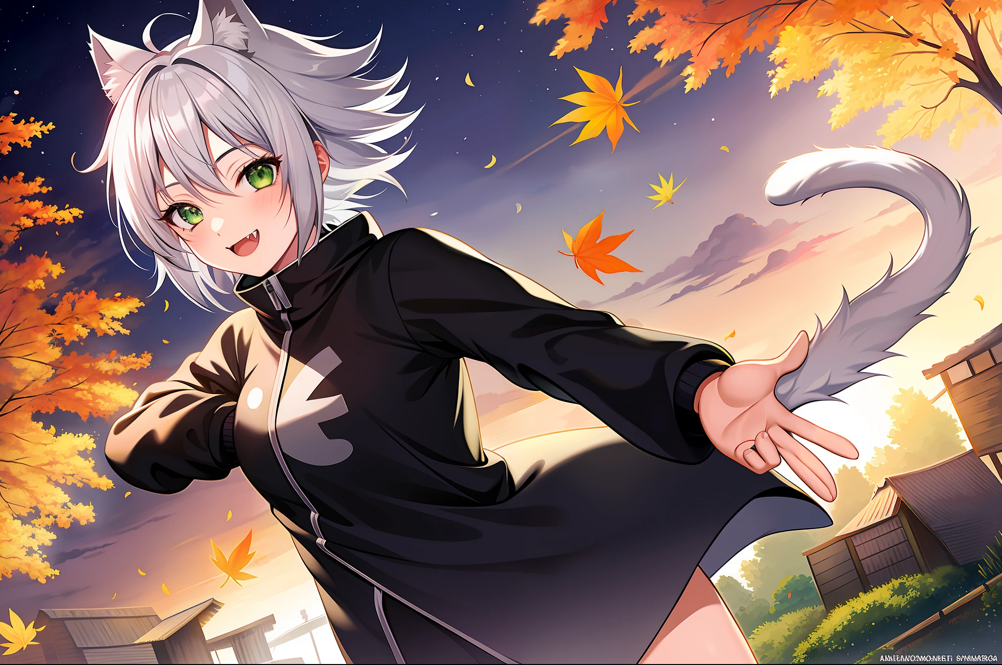 SFW, ultra 4k hd, absurdres, anime, naruto, white hair, neko, green eyes, ninja, short hair, chubby, medium breasts, messy hair, gray hair, cat ears, catgirl, nekomimi, cat tail, forehead protector, kunoichi, hair between eyes, silver hair, anime style, fullbody, eye scar, smiling, fangs, 1girl, naruto shippuden, solo, baggy clothes, alone, forest, village, akatsuki, leaf village, konoha, 1fang