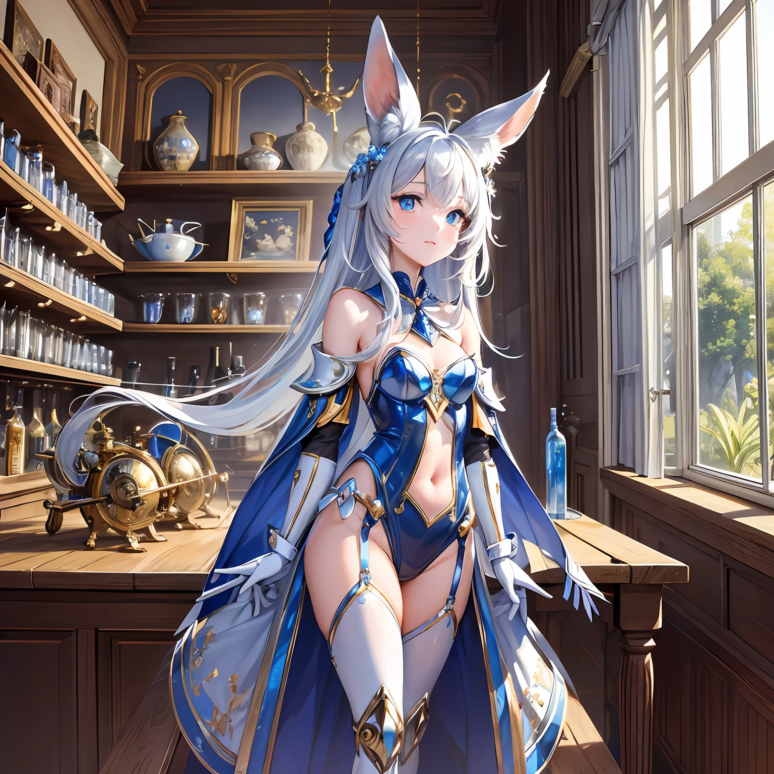 Incredible quality, masterpiece, ultra-detailed, workshop table background, a delicate and beautiful mechanical rabbit, in the foreground, long and curved ears, vivid blue eyes, shiny silver coat, light illuminates the small details of its complex mechanical joints.