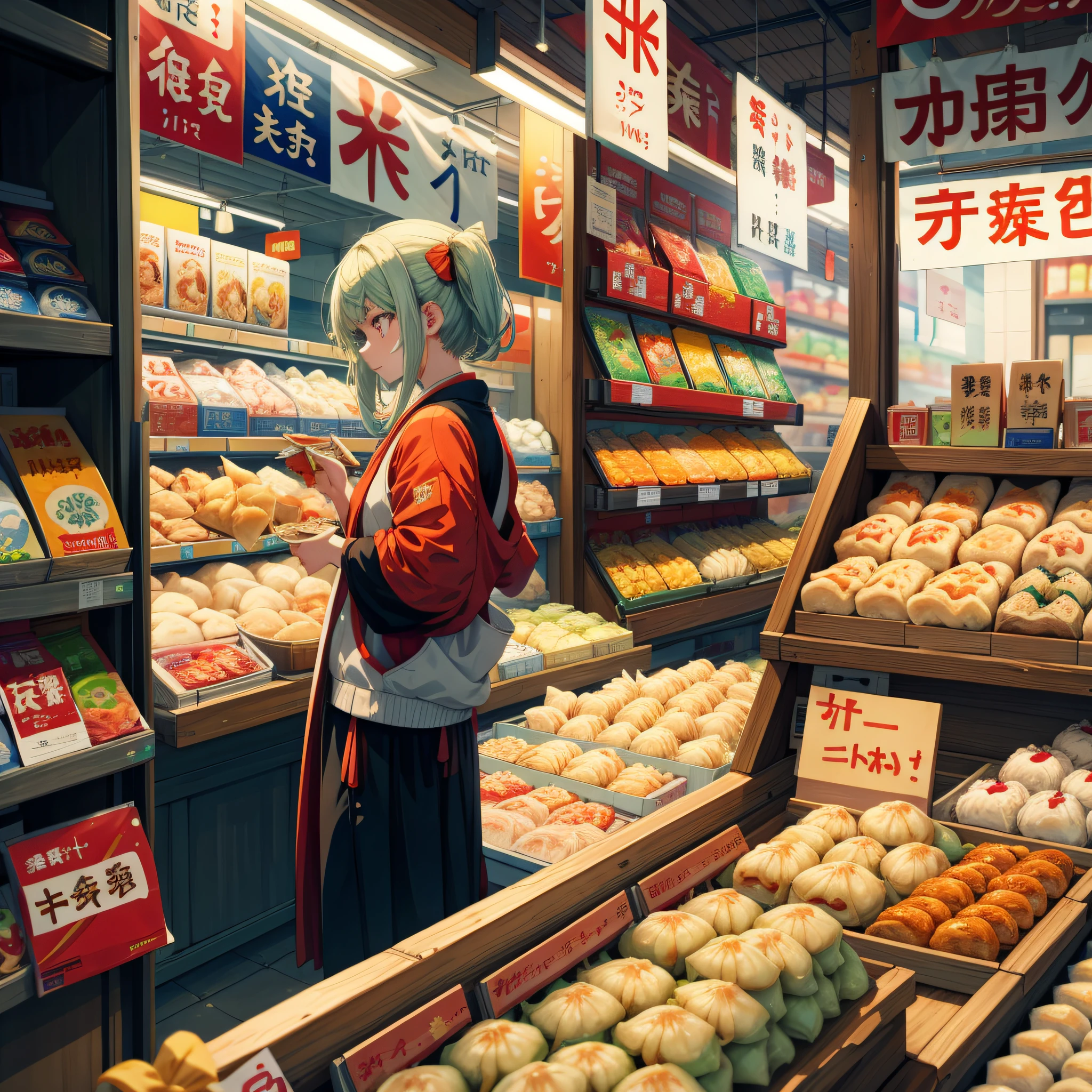 (best quality:1.4), anime, solo, A girl in supermarket gyoza dumplings jiaozi