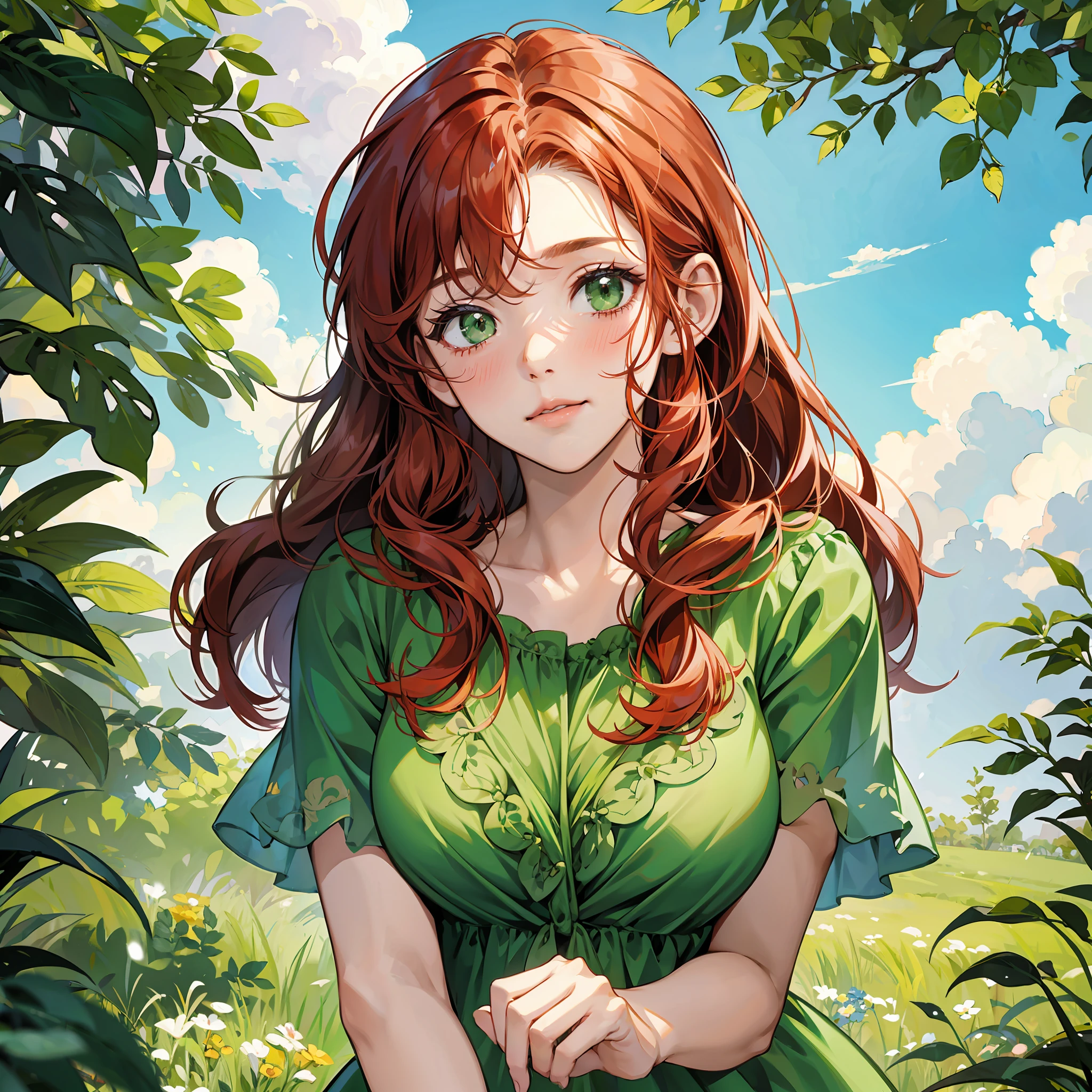 Onoff, curvy red-haired woman in a green outdoor summer dress with a shy look at the viewer blushing with embarrassment --auto --s2