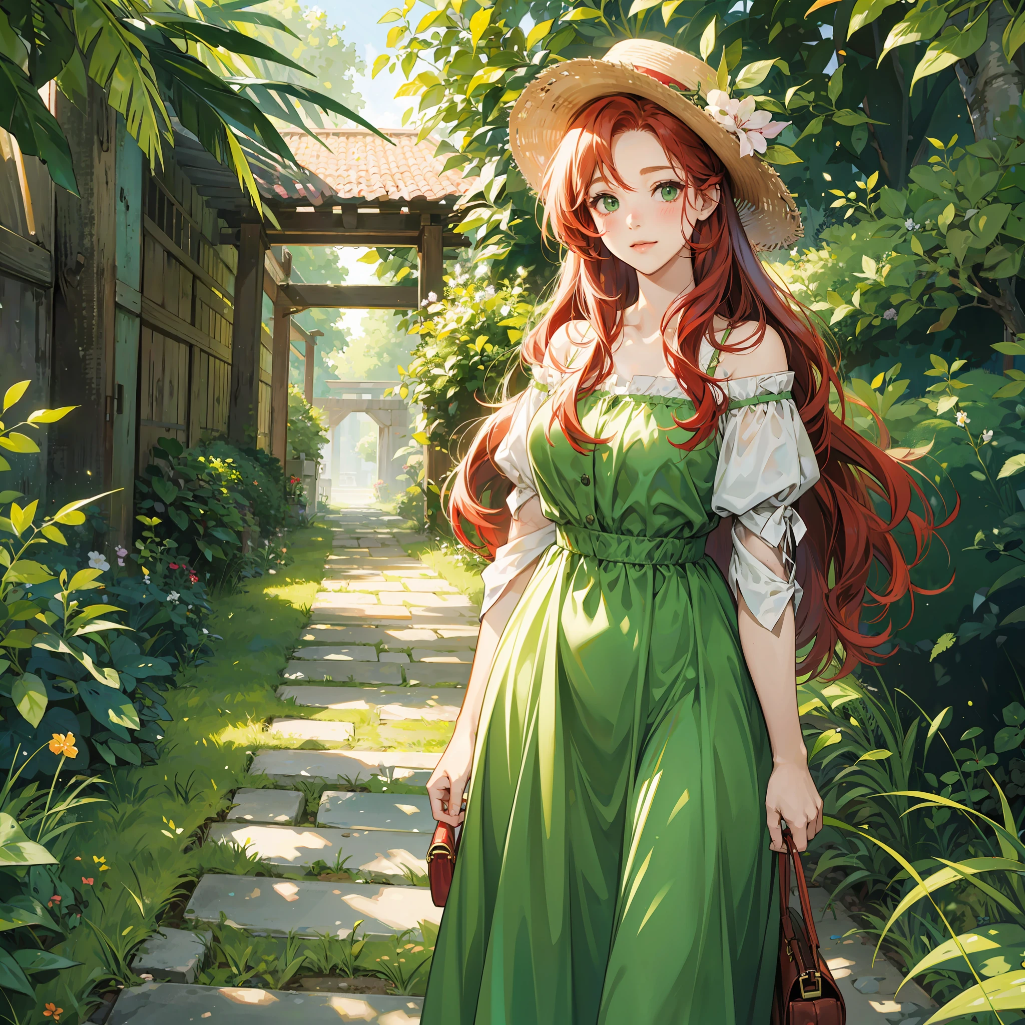 Onoff, curvy red-haired woman in a green outdoor summer dress with a shy look at the viewer blushing with embarrassment --auto --s2