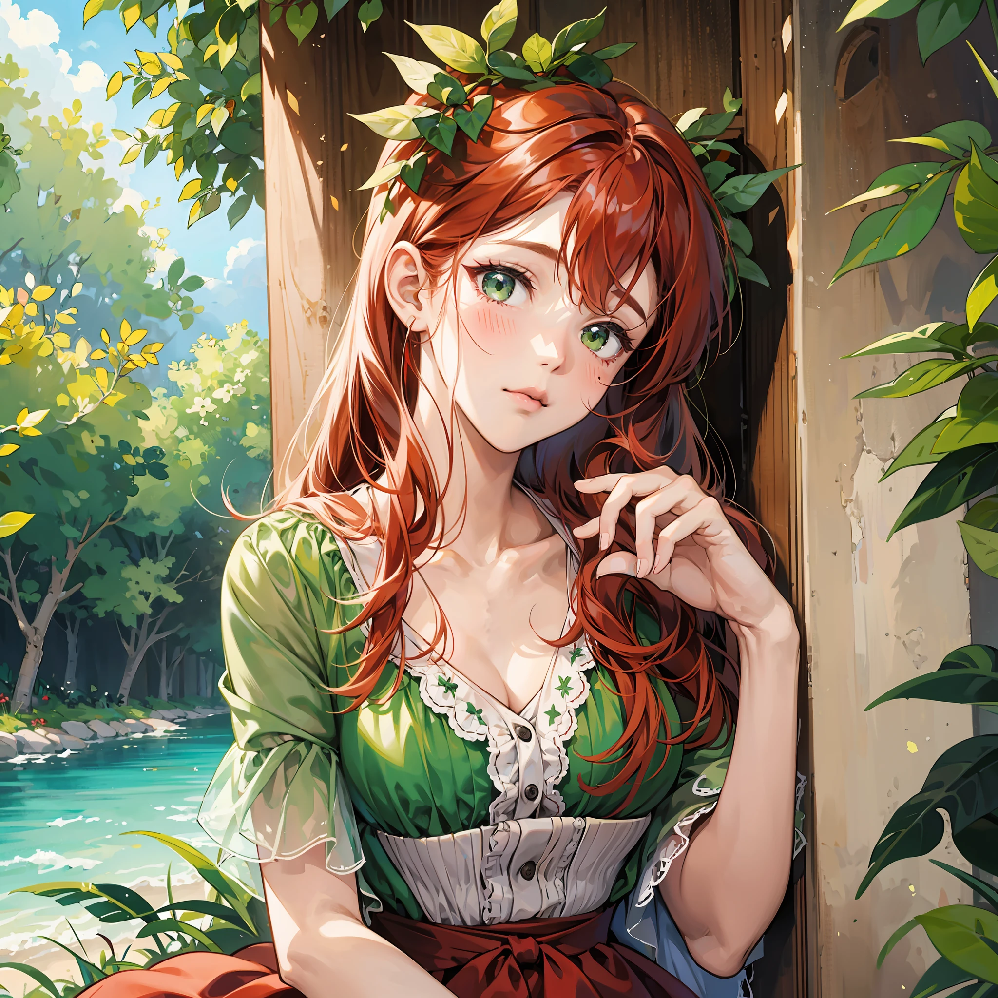Onoff, curvy red-haired woman in a green outdoor summer dress with a shy look at the viewer blushing with embarrassment --auto --s2