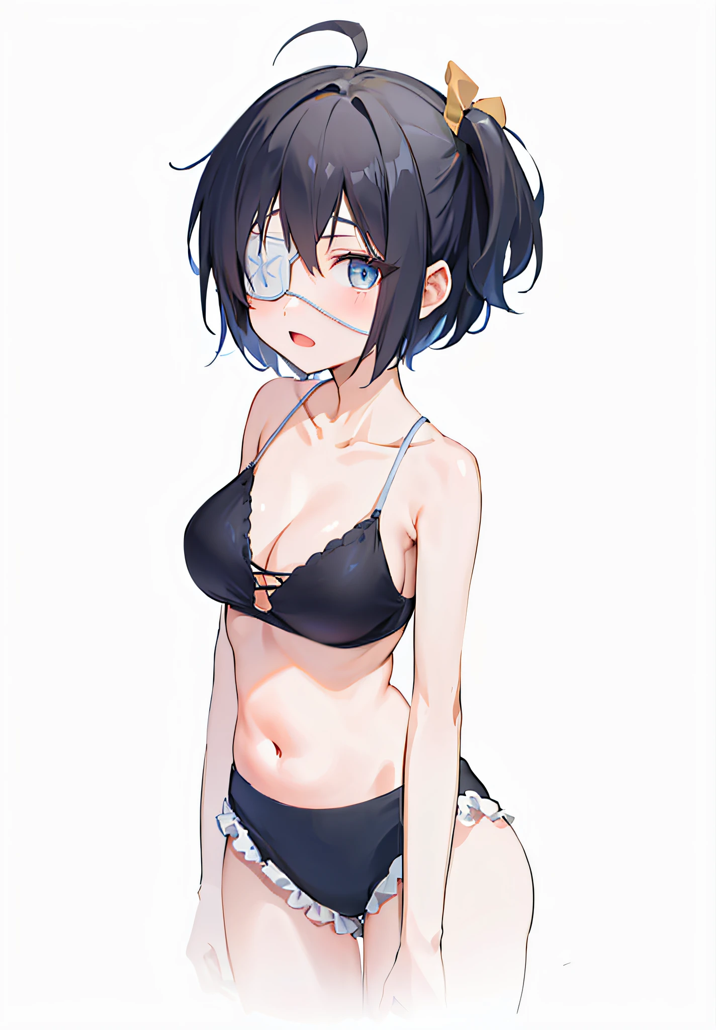 high res, masterpiece,Rikka Takanashi, black hair, solo, 1girl,outside,deatailed background, detailed eyes, ((blue eyes)), eyepatch