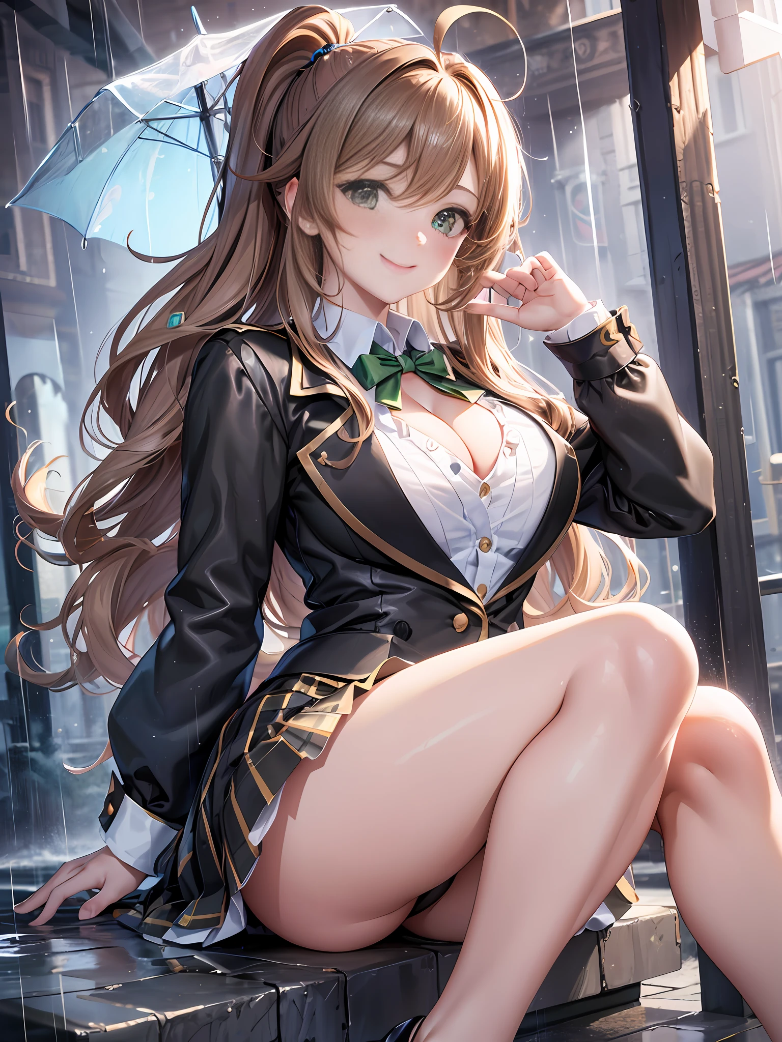 Masterpiece, Best Quality, Official Art, (Highly Detailed CG Unity 8k wallpaper), Detailed background, (Hands by Guido Daniele: 1.1), Feet out of frame, First Person View, 1, Attractive and perfect beautiful woman, Schoolgirl, JK, Schoolgirl uniform, rainy day, a lot of rain, Wind blowing, Sitting, Open legs, (Curvaceous), ( White thighs: 1.12), (brown long-haired (Ahoge: 1.13), (High Ponytail: 1.12), (Green Eyes: 1.13), Look at the Beholder, Big, (cleavage), Beautiful Face, (Blush: 1.11), (Smile: 1.11)