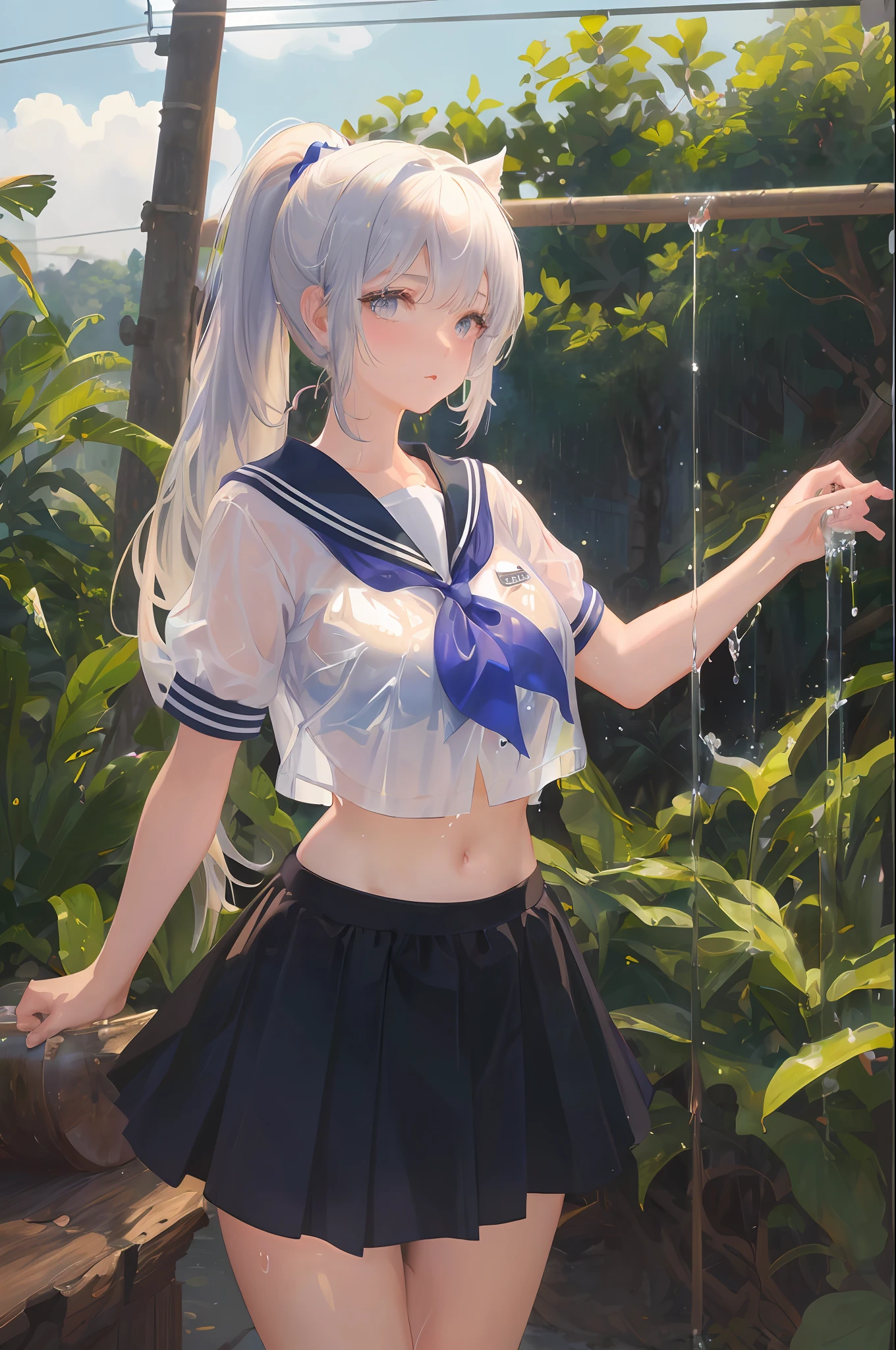 Cornflower art, dreamy, (masterpiece, top quality, perfect anatomy, beautiful face, realistic, super detailed, 1 girl, 18 ears senile, solo, depth of field, canon 24mm lens, f1.4, cute_girl, sailor_ collar, clear facial features, short sleeves, big, slender stature, height 170, barefoot, double ponytail, bangs, gravure pose, outdoor, jungle, blurred background, (Uwabaki: 1.1576)) all over body, clear liquid dripping from the crotch, the front of the shirt is exposed, the breasts are visible, the bra is not on,