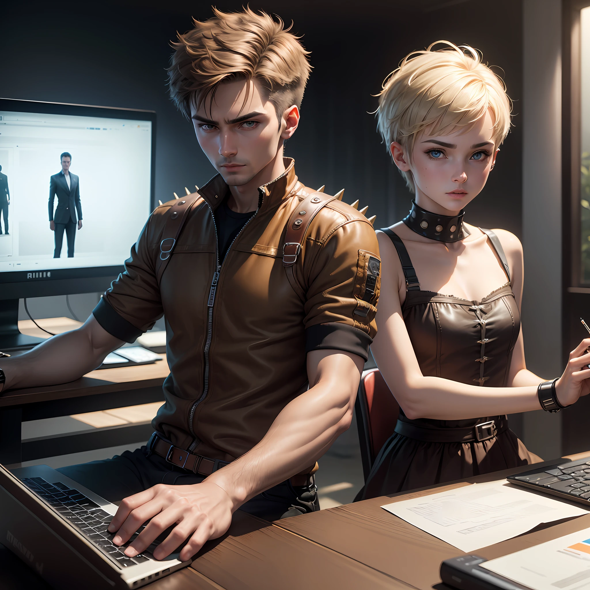 Highest quality, masterpiece, super high resolution, (photorealistic: 1.4), raw photo, Create an image with Man. with hyper-realistic skin, ordinary clothes, short hair and spiky brown color, realistic, fiddling with the computer, in high resolution and futuristic concept, with many details and well-designed eyes hyper-realism