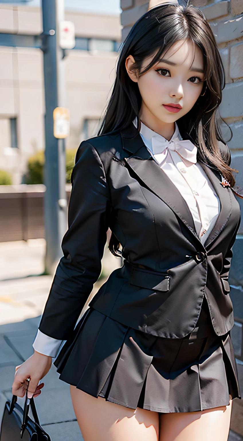 voluptuous body, beautiful face, 16k, photogenic , 3D, japanese, black_eyes, black_hair, schoolyard, lips, long_hair, uniform, high school student, long black hair, schoolyard, school uniform, real, shiny skin, Beautiful delicate face, beautiful delicate eyes, mini skirt, multiple person