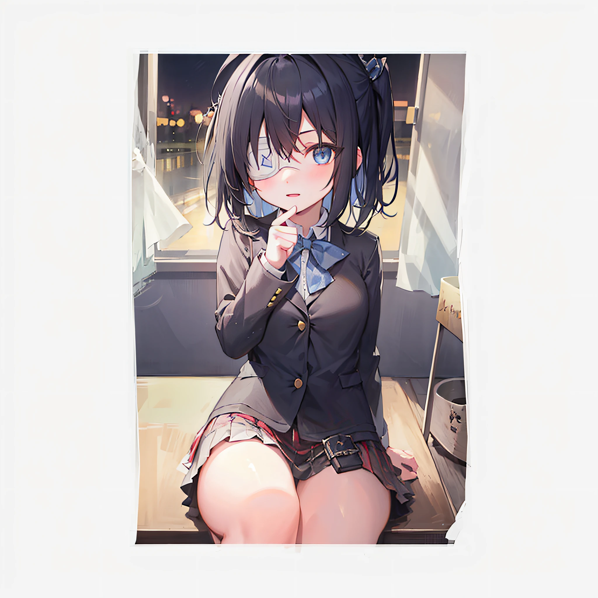 high res, masterpiece,Rikka Takanashi, black hair, solo, 1girl,outside,deatailed background, detailed eyes, ((blue eyes)), eyepatch