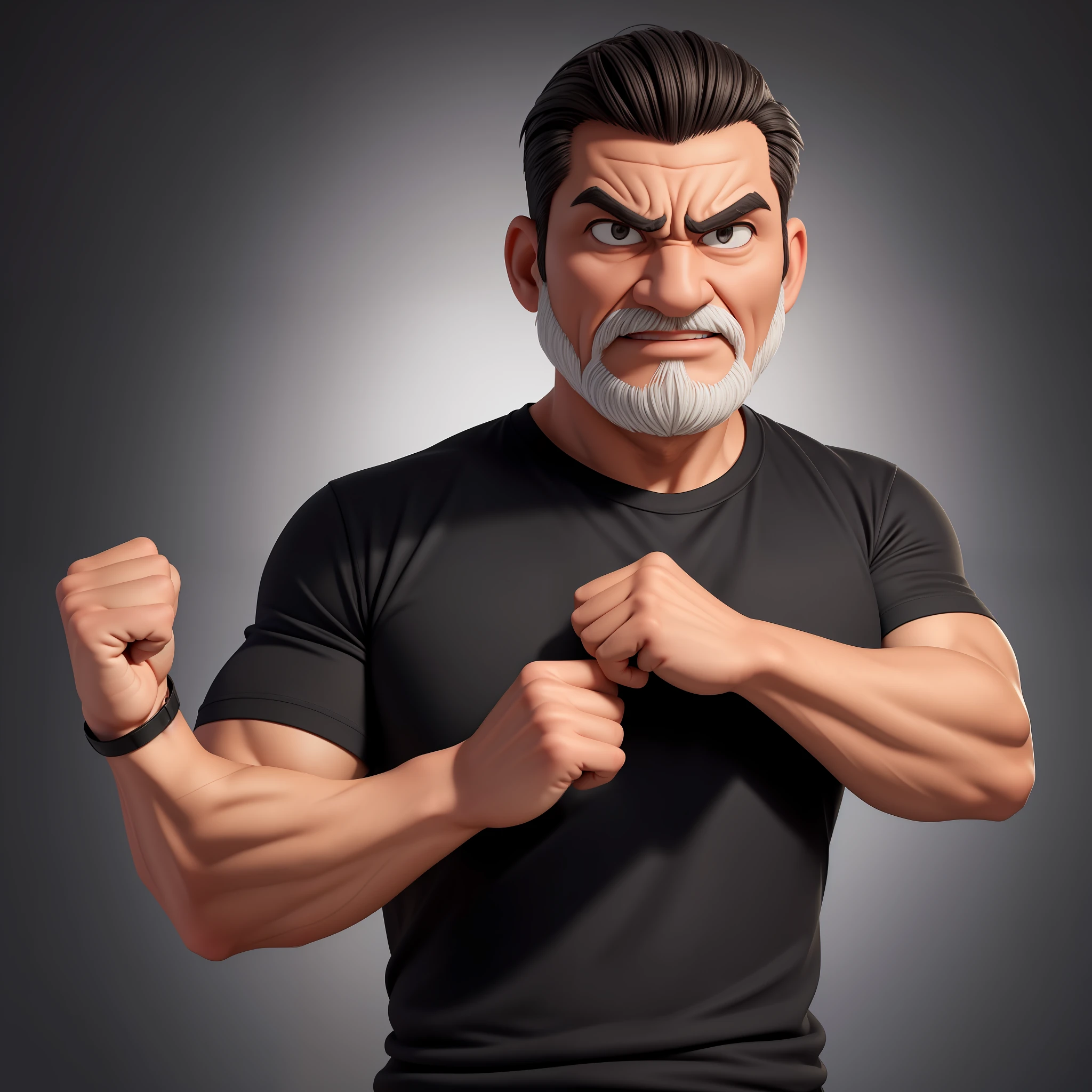 Create an 8K cartoon of a full-fledged, crossed-arm, well-muscled and angry old man in a black shirt striped in white. Make sure that the resulting image has a cartoonish look, with vibrant colors and smooth edges. Add details to give the old man an angry look, such as furrowed brows and a tight mouth. Make sure that the black shirt striped with white is an important element of the image, and add details to make it attractive and interesting. Add textures and details to make the image more realistic, such as the appearance of the shirt texture and the appearance of the skin. Make sure the resulting image is high resolution, 8K quality." —c 10 —ar 2