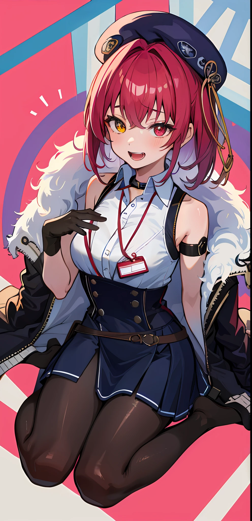 masterpiece, high quality, highres, absurdres, ultra-detailed, detailed eyes, 8k, ti-emb_kobo-kanaeru, 1girl, colorful eyes, fangs, open mouth, bangs, colorful background, looking at viewer, vibrant, contrast, gradient hair, happy, graffiti wall background, water splash, close up, 2d, masterpiece, best quality, anime, highly detailed, full body, 1girl, solo, marine_beret, collared shirt, sleeveless, high-waist skirt, pantyhose, blue jacket, fur trim, fingerless gloves, id card, heterochromia, red eyes, yellow eyes, BREAK airplane interior, sitting,