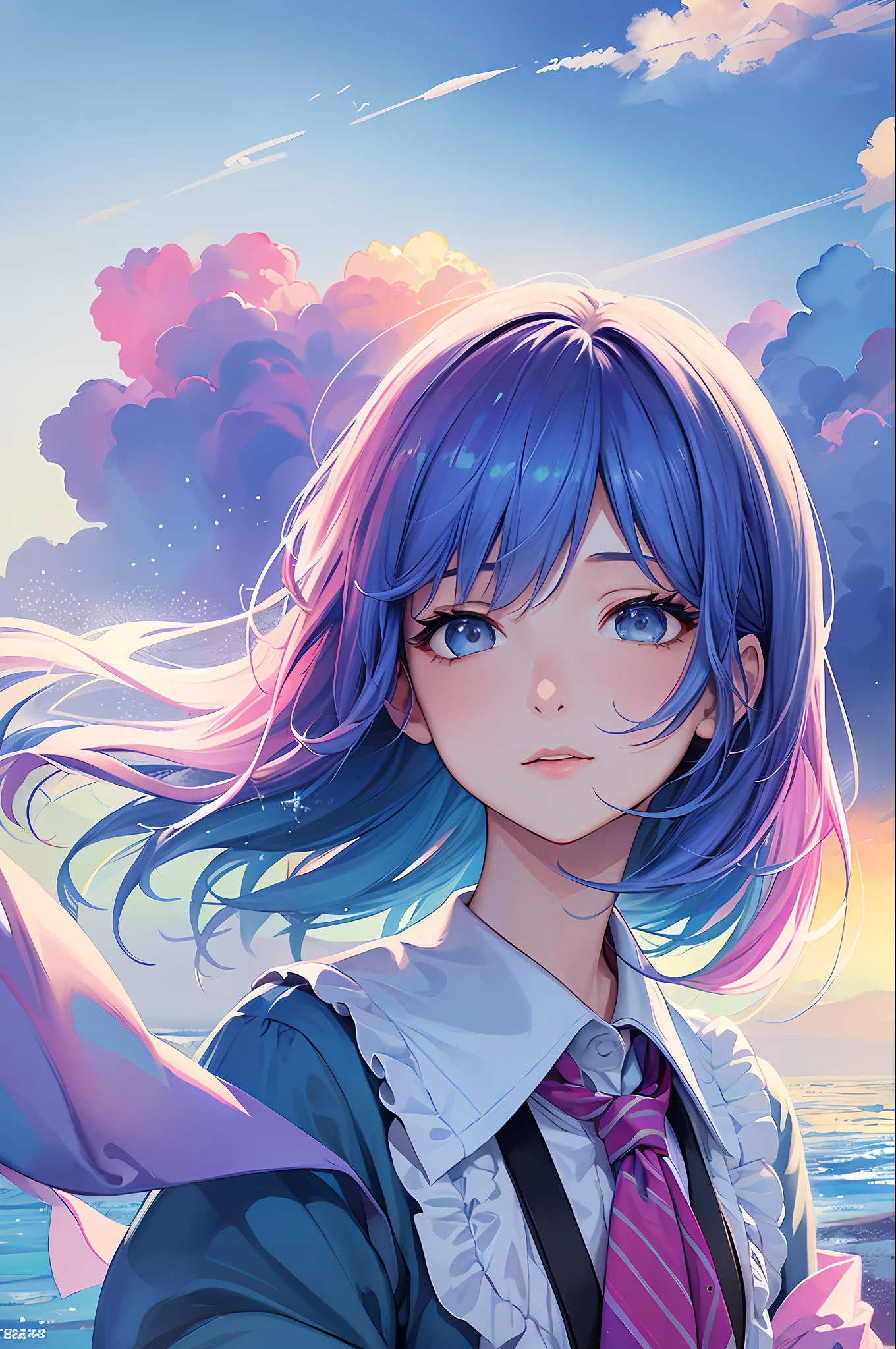 (Masterpiece, Top Quality, Best Quality, Watercolor (Medium), Official Art, Beautiful and Aesthetic: 1.2), (1 Girl: 1.3), (Fractal Art: 1.3), Upper Body, From the Side, Watching the Viewer, Pattern, (Iridescent Hair, Colorful Hair, Half Blue and Half Pink Hair: 1.2), Water, Liquid, Clouds, Colorful, Starry Sky, Stars, School Uniform
