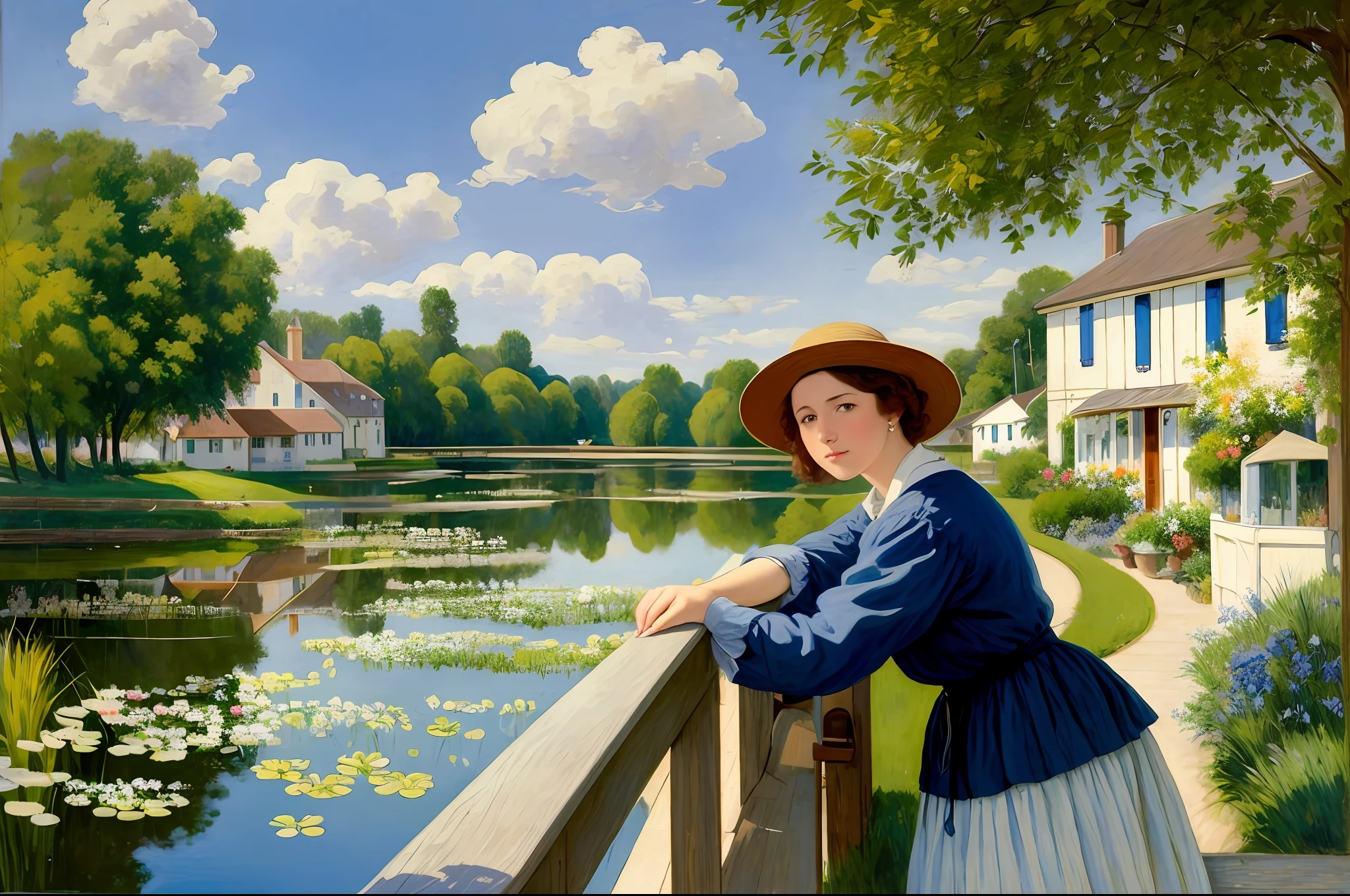 photo of a woman leaning on a railing overlooking a pond, inspired by Harold Harvey, inspired by Cornelis Verbeeck, thomas kincade, hans dahl, inspired by Christoffer Wilhelm Eckersberg, realism art, inspired by Enrique Simonet, award - winning art, award-winning art, at the waterside, summer afternoon, inspired by Édouard Detaille