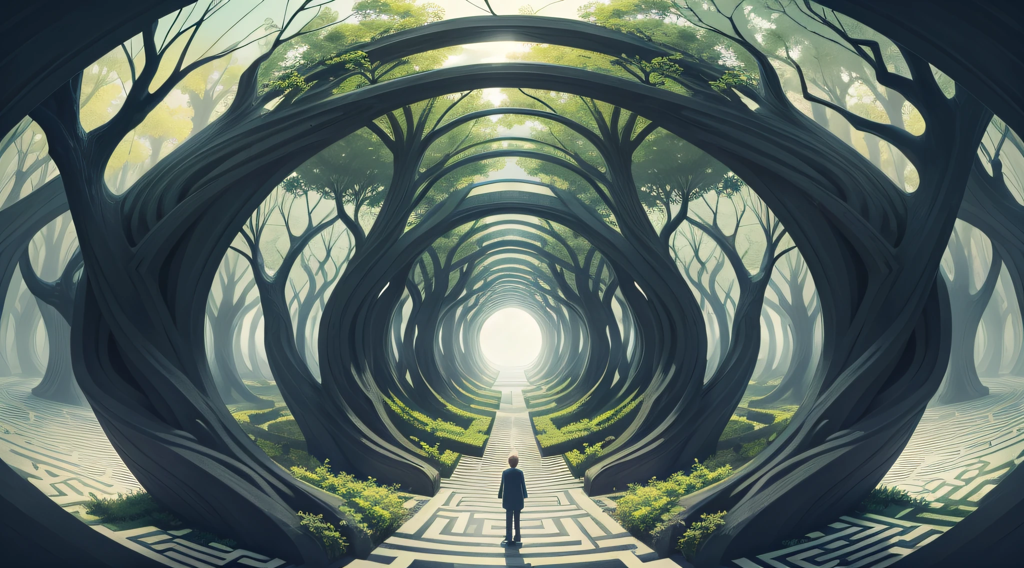An illustration of a complex labyrinth with several branches, representing a divergent narrative. Inspired by MC Escher's art style, the maze features intricate lines and illusory perspectives. With a vibrant and contrasting color palette, the maze conveys the idea of different paths to explore. The facial expressions of the characters within the maze are one of surprise and curiosity. The lighting is bright and the atmosphere is one of discovery and challenge.--v 5 --stylize 1000 --auto --s2