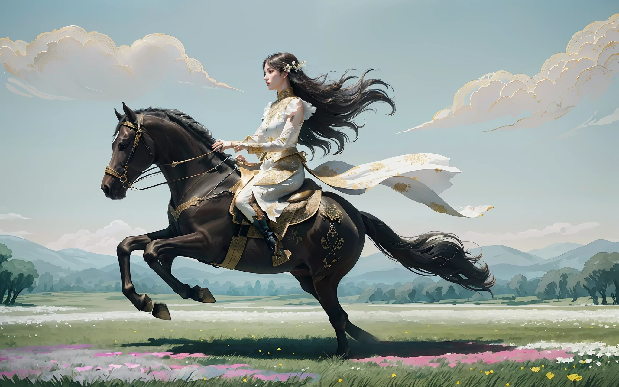 a princess in intricate flowing gilded vests, riding a beautiful horse, over a vast field of wild flowers, petals in the air, (ink painting style, clean color, ink style, blending, decisive cutting, white space:1.3), freehand, sublime shapes, highly detailed, epic composition, highest quality, antique