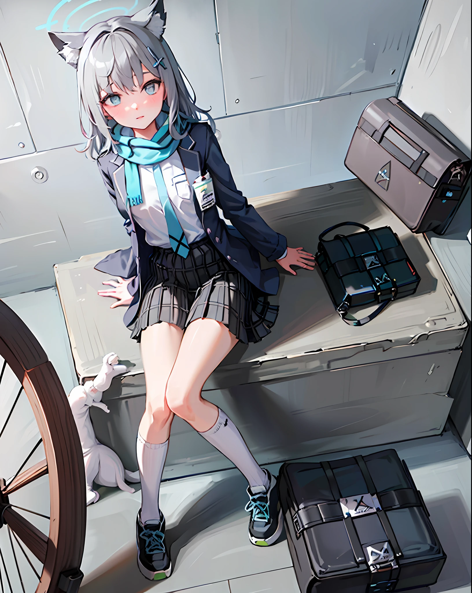 1girl, solo, shiroko (blue archive), animal ears, skirt, scarf, blue eyes, jacket, shirt, white socks, socks, plaid skirt, animal ear fluff, halo, white shirt, looking at viewer, open clothes, bag, hair ornament, shoes, blue scarf, necktie, outdoors, bangs, pleated skirt, open jacket, plaid, grey hair, school uniform, railing, long sleeves, cross hair ornament, shoulder bag, shirt tucked in, blue necktie, kneehighs, black skirt, hair between eyes, extra ears, mismatched pupils, blue jacket, school bag, black bag, blazer, sneakers, striped, closed mouth, pocket, cat ears, striped scarf, fringe trim, medium hair,(((grey hair))),(((blue eyes))), standing,