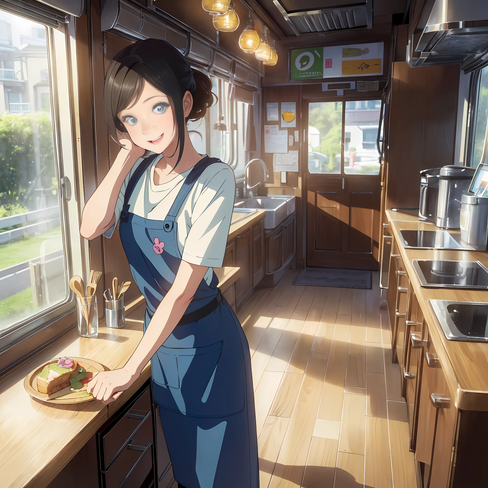 (outside car)1.4,(kitchen car),(girl)1.3,work in kitchen car,(masterpiece)1.3,anime visual,limited palette,(solo)1.3,(park), outdoors,wearing T-shirt and jeans with apron,short garson apron, heterochromia,blue eyes and green eyes:1.8, (caregiver,1 cute girl,solo,standing,looking at viewer,full body,front body,cute open mouth,make up,kawaii,happy smile:1.3),(wood counter), (menu sign),soft clean focus, realistic lighting and shading, elegant, (muted colors)1.2, --auto --s2