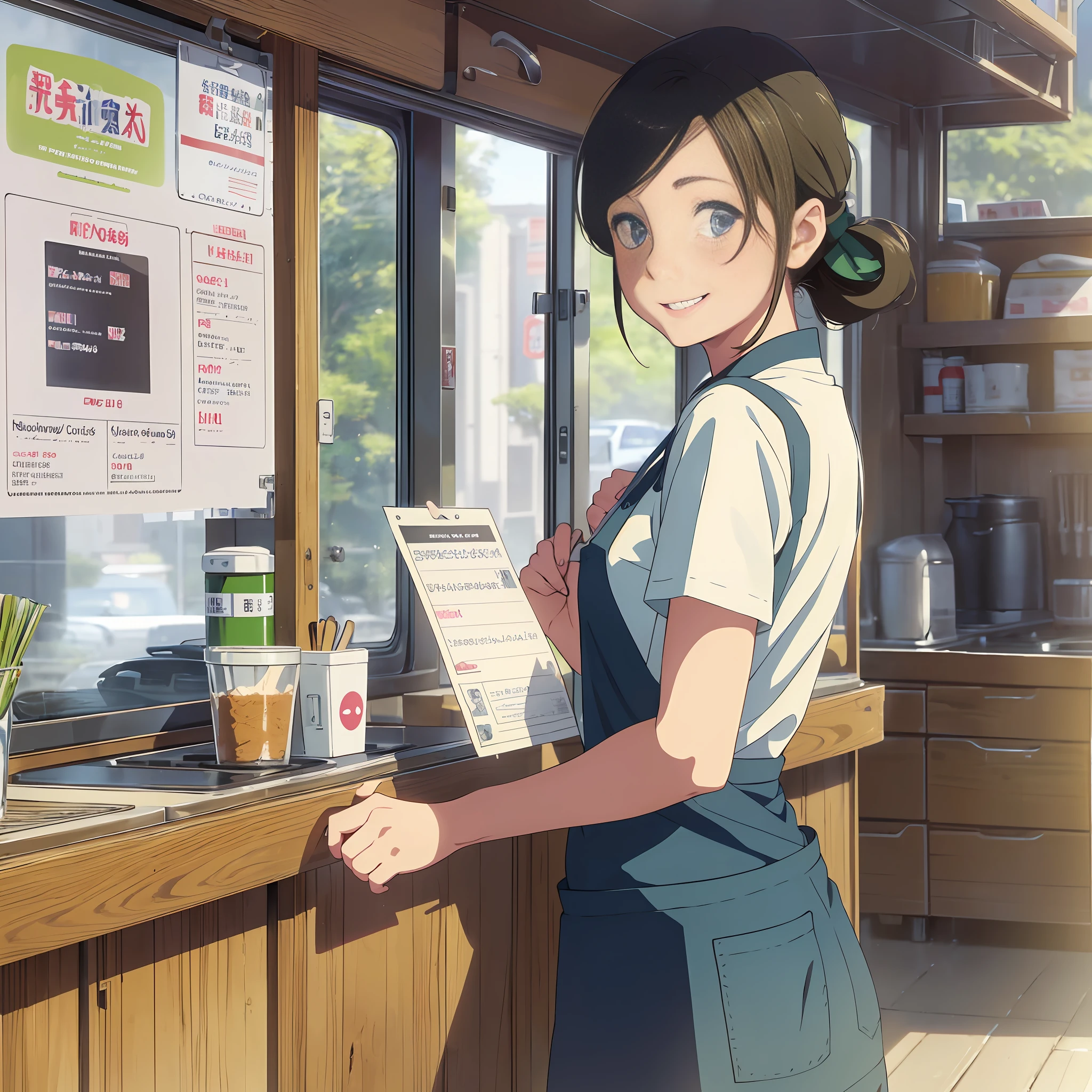 (outside car)1.4,(kitchen car),(girl)1.3,work in kitchen car,(masterpiece)1.3,anime visual,limited palette,(solo)1.3,(park), outdoors,wearing T-shirt and jeans with apron,short garson apron, heterochromia,blue eyes and green eyes:1.8, (caregiver,1 cute girl,solo,standing,looking at viewer,full body,front body,cute open mouth,make up,kawaii,happy smile:1.3),(wood counter), (menu sign),soft clean focus, realistic lighting and shading, elegant, (muted colors)1.2, --auto --s2