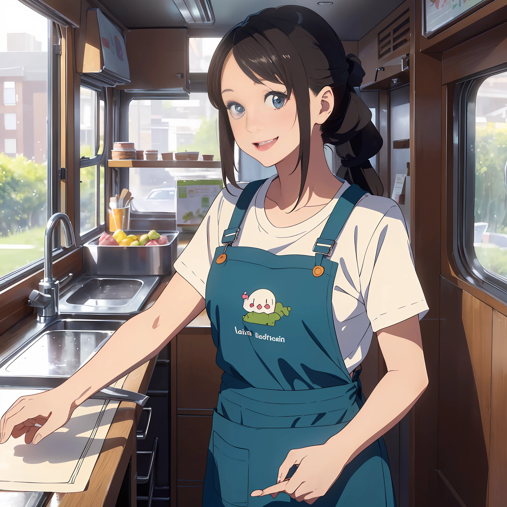 (outside car)1.4,(kitchen car),(girl)1.3,work in kitchen car,(masterpiece)1.3,anime visual,limited palette,(solo)1.3,(park), outdoors,wearing T-shirt and jeans with apron,short garson apron, heterochromia,blue eyes and green eyes:1.8, (caregiver,1 cute girl,solo,standing,looking at viewer,full body,front body,cute open mouth,make up,kawaii,happy smile:1.3),(wood counter), (menu sign),soft clean focus, realistic lighting and shading, elegant, (muted colors)1.2, --auto --s2