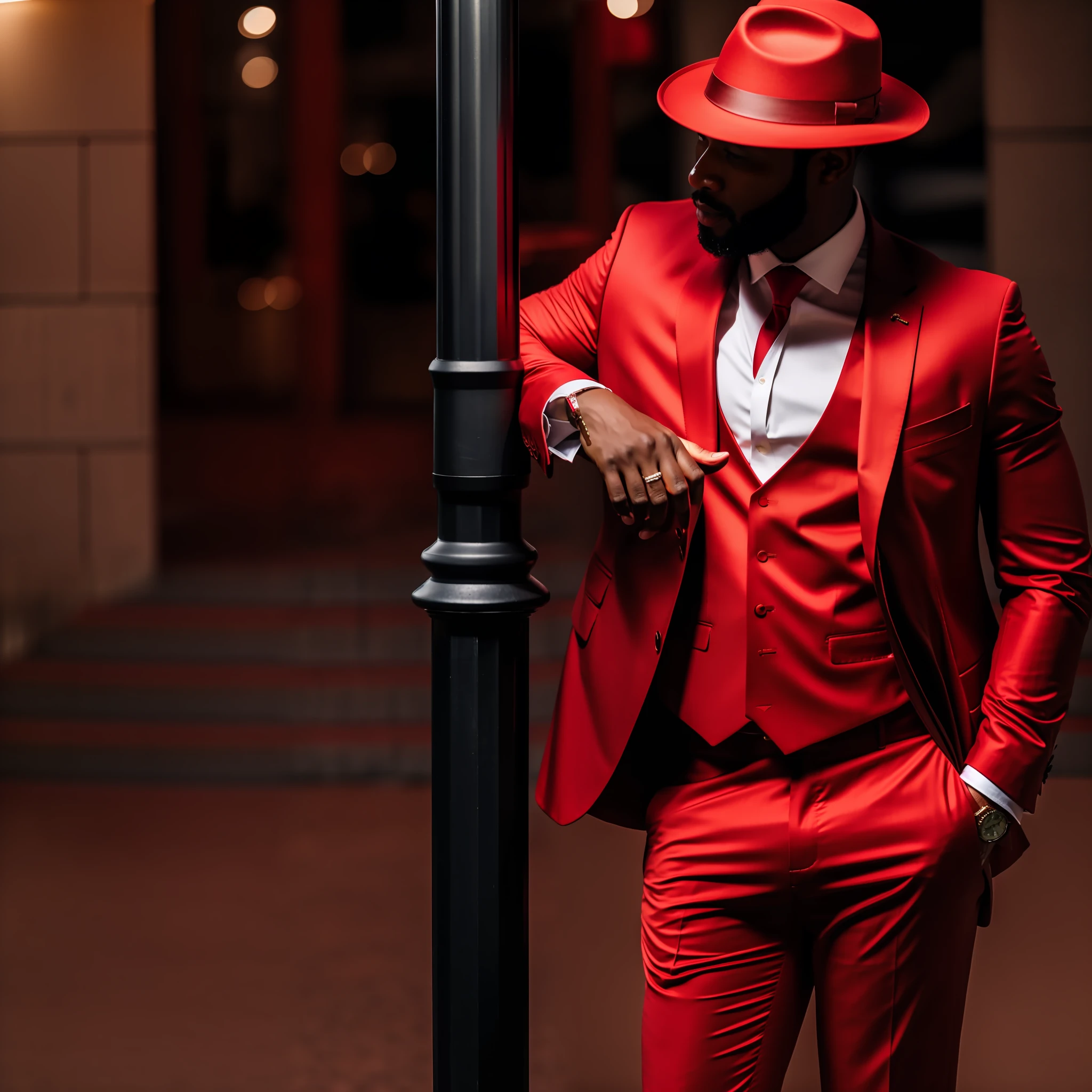 there is a man in a red suit and hat leaning against a pole, red suit, all red, wearing a black and red suit, wearing red attire, wearing red formal attire, in crimson red, red and black suit, wearing red, black and red suit, wearing a red outfit, a suited man in a hat, wearing red clothes, fine details. red --auto --s2
