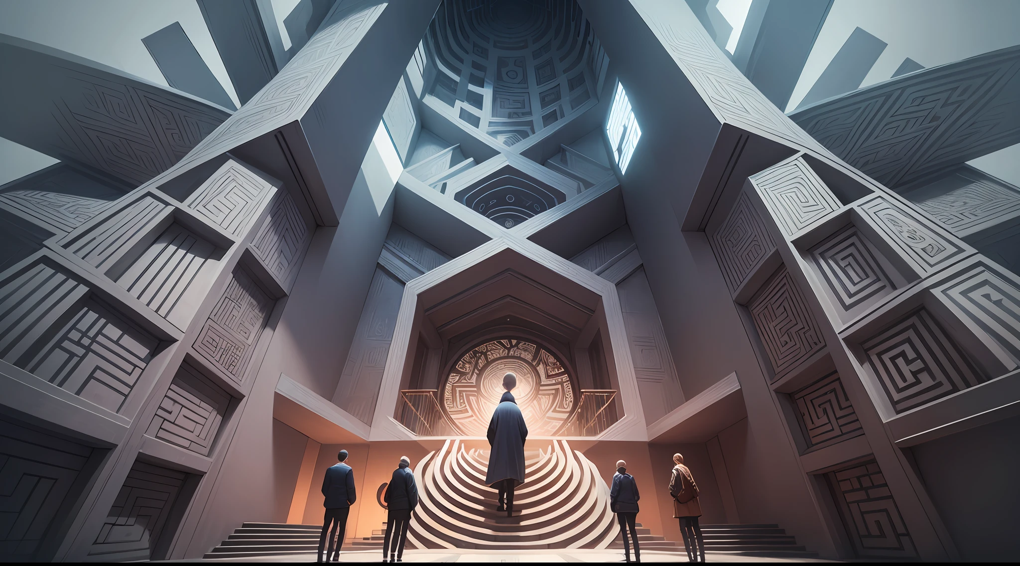 An illustration of a complex labyrinth with several branches, representing a divergent narrative. Inspired by MC Escher's art style, the maze features intricate lines and illusory perspectives. With a vibrant and contrasting color palette, the maze conveys the idea of different paths to explore. The facial expressions of the characters within the maze are one of surprise and curiosity. The lighting is bright and the atmosphere is one of discovery and challenge.--v 5 --stylize 1000 --auto --s2