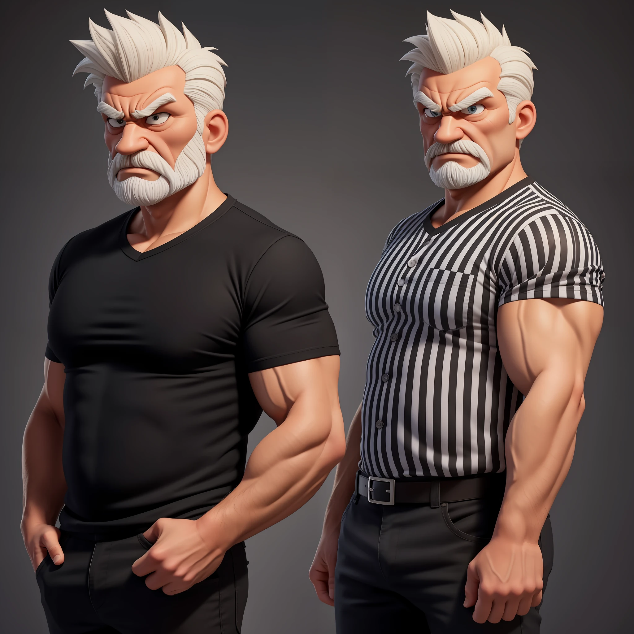 Create an 8K cartoon of an angry, well-muscled, well-muscled, full-figured old man in a white-striped black shirt. Make sure you only have one old man, and that the resulting image has a cartoonish look, with vibrant colors and soft edges. Add details to give the old man an angry look, like furrowed eyebrows and a tight mouth. Make sure that the black shirt striped with white is an important element of the image, and add details to make it attractive and interesting. Add textures and details to make the image more realistic, such as the appearance of the shirt's texture and the appearance of the skin. Make sure the resulting image is high resolution, 8K quality." —c 10 —ar 2