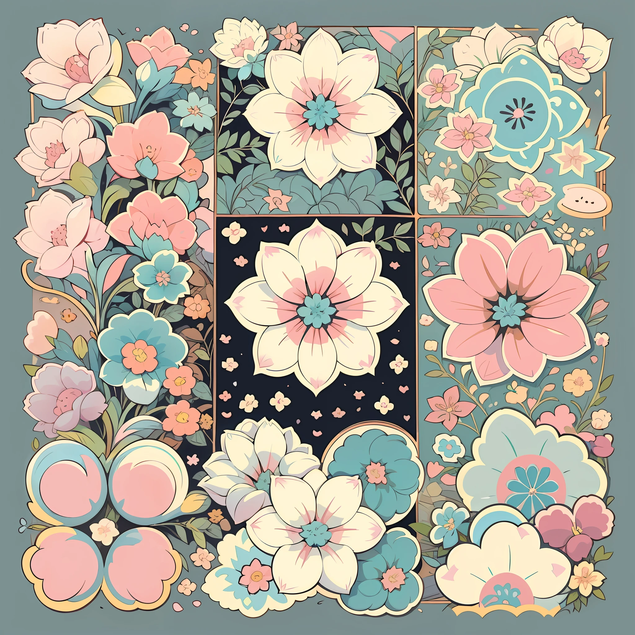 Flower set pattern, defined shape, flat style, vector style, drawing style, naïve style, wallpaper style, in soft pastel colors such as old pink, pastel blue, light blue, beige, pastel yellow, pastel ivory. No shadows in the design.